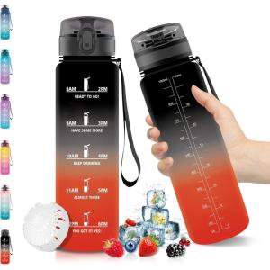 Vikaster Gourde Sport, Bouteille d&rsquo;eau 1l, sans BPA, Étanche & Réutilisable, Water Bottle Ouvrir en un Clic, Convient Pour la Camping, le Yoga, le Gym, Gourde Randonnée(Noir Rouge)