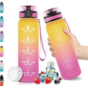 Vikaster Gourde Sport, Bouteille d&rsquo;eau 1l, sans BPA, Étanche & Réutilisable, Water Bottle Ouvrir en un Clic, Convient Pour la Camping, le Yoga, le Gym, Gourde Randonnée(Rose Jaune)