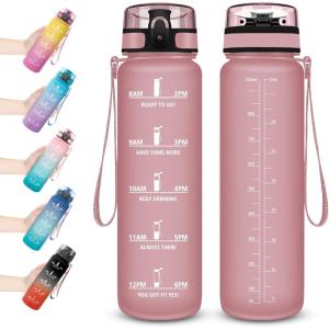 Vikaster Gourde Sport, Bouteille d&rsquo;eau 1l, sans BPA, Étanche & Réutilisable, Water Bottle Ouvrir en un Clic, Convient Pour la Camping, le Yoga, le Gym, Gourde Randonnée(Ty-rose)