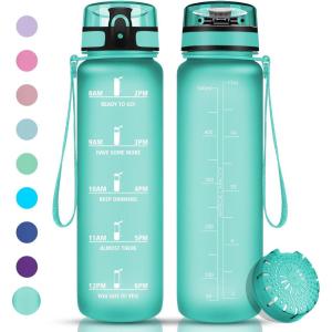 Vikaster Gourde Sport, Bouteille d&rsquo;eau 1l, sans BPA, Étanche & Réutilisable, Water Bottle Ouvrir en un Clic, Convient Pour la Camping, le Yoga, le Gym, Gourde Randonnée(Mat Bleu Vert)