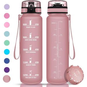 Vikaster Gourde Sport, Bouteille d&rsquo;eau 1l, sans BPA, Étanche & Réutilisable, Water Bottle Ouvrir en un Clic, Convient Pour la Camping, le Yoga, le Gym, Gourde Randonnée(Mat Rose Clair)