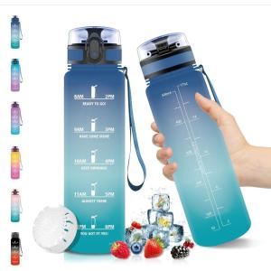 Vikaster Gourde Sport, Bouteille d&rsquo;eau 1l, sans BPA, Étanche & Réutilisable, Water Bottle Ouvrir en un Clic, Convient Pour la Camping, le Yoga, le Gym, Gourde Randonnée(Bleu Vert)