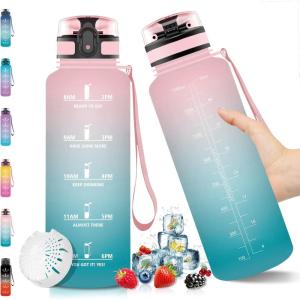 Vikaster Gourde Sport, Bouteille d&rsquo;eau 1l, sans BPA, Étanche & Réutilisable, Water Bottle Ouvrir en un Clic, Convient Pour la Camping, le Yoga, le Gym, Gourde Randonnée(Rose & Cyan -1.5l)