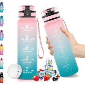 Vikaster Gourde Sport, Bouteille d&rsquo;eau 1l, sans BPA, Étanche & Réutilisable, Water Bottle Ouvrir en un Clic, Convient Pour la Camping, le Yoga, le Gym, Gourde Randonnée(Rose & Cyan)
