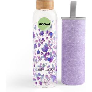 waterdrop® Bouteille en Verre 600ml – Gourde Réutilisable en Verre Borosilicate avec Bouchon Bambou et Housse, Sans BPA, Étanche, Idéale pour Maison, Bureau, Sport, Voyage(Boost Melange)