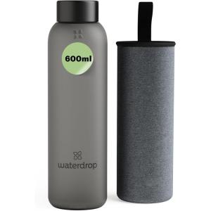 waterdrop® Bouteille en Verre 600ml – Gourde Réutilisable en Verre Borosilicate avec Bouchon Bambou et Housse, Sans BPA, Étanche, Idéale pour Maison, Bureau, Sport, Voyage(Black Frosted Melange)