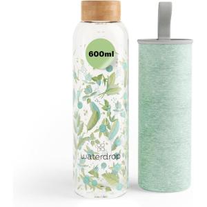 waterdrop® Bouteille en Verre 600ml – Gourde Réutilisable en Verre Borosilicate avec Bouchon Bambou et Housse, Sans BPA, Étanche, Idéale pour Maison, Bureau, Sport, Voyage(Clean Melange)