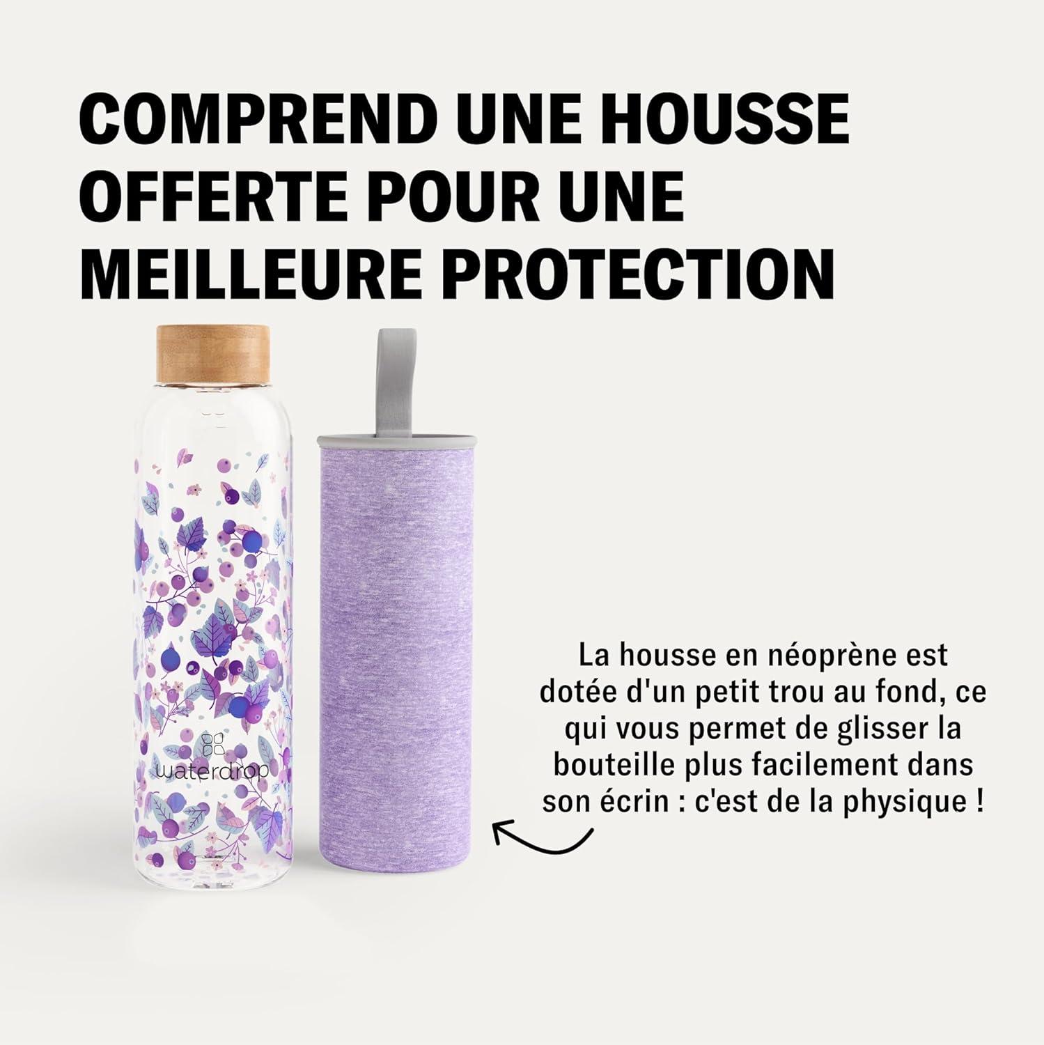 image:imagewaterdrop Bouteille en Verre 600ml Gourde Rutilisable en Verre Borosilicate avec Bouchon Bambou et Housse Sans BPA tanche Idale pour Maison Bureau Sport VoyageBoost Melange