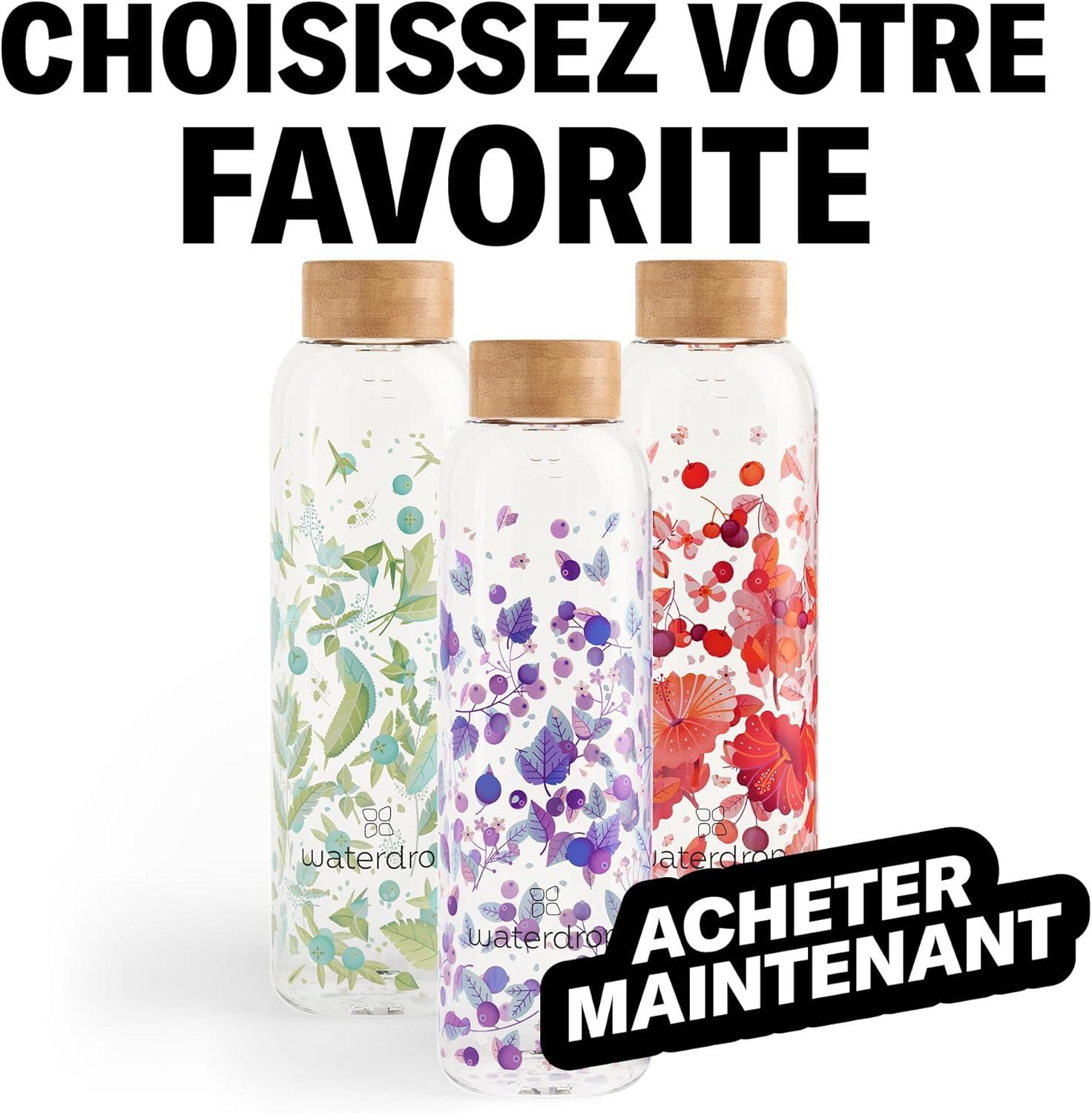 image:imagewaterdrop Bouteille en Verre 600ml Gourde Rutilisable en Verre Borosilicate avec Bouchon Bambou et Housse Sans BPA tanche Idale pour Maison Bureau Sport VoyageBoost Melange