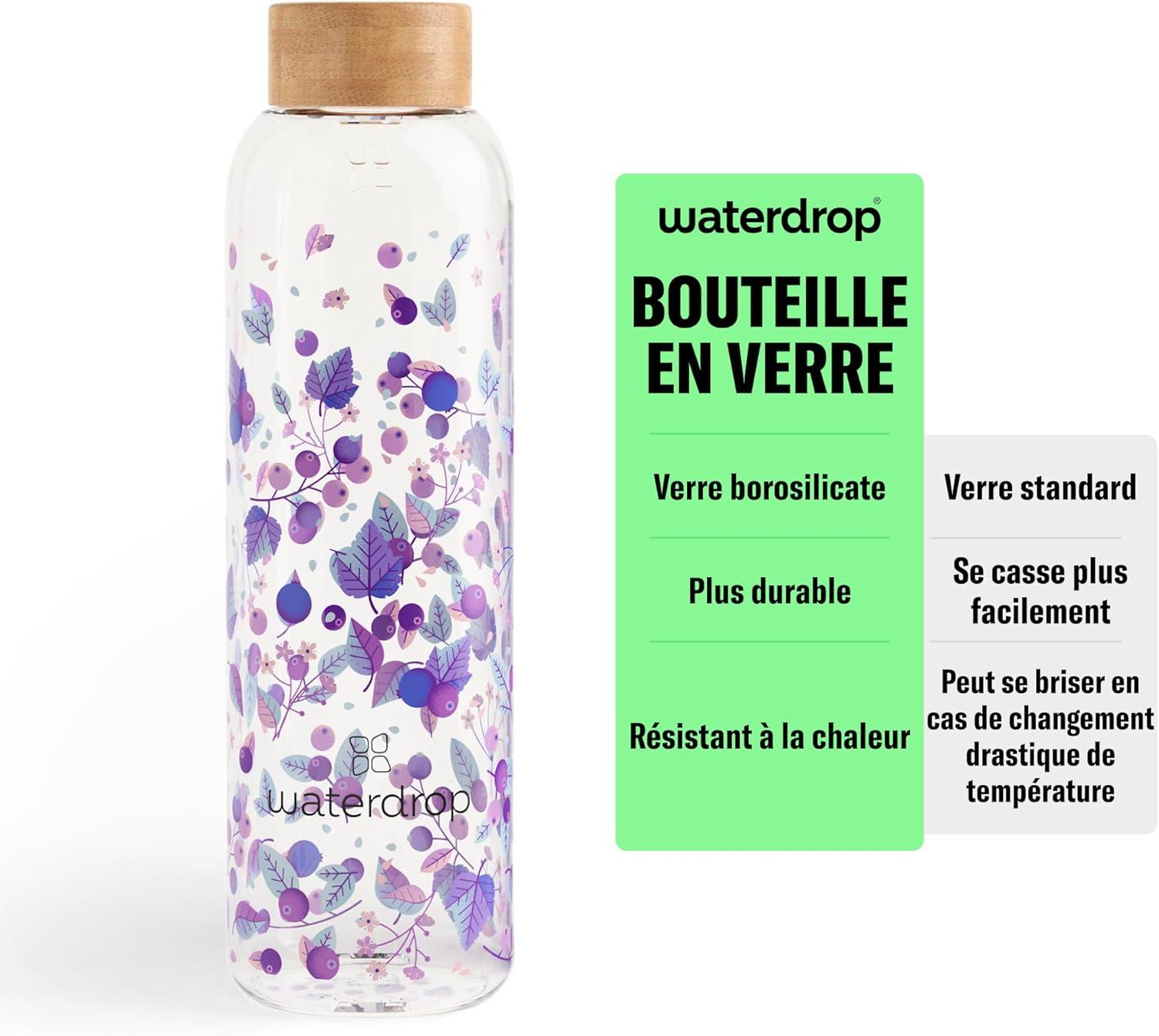 image:imagewaterdrop Bouteille en Verre 600ml Gourde Rutilisable en Verre Borosilicate avec Bouchon Bambou et Housse Sans BPA tanche Idale pour Maison Bureau Sport VoyageBoost Melange