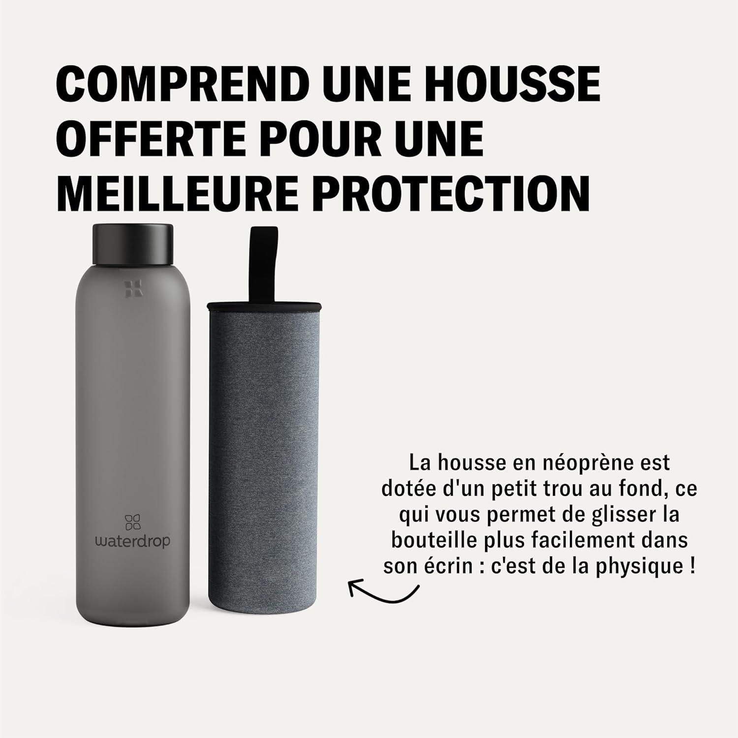 image:imagewaterdrop Bouteille en Verre 600ml Gourde Rutilisable en Verre Borosilicate avec Bouchon Bambou et Housse Sans BPA tanche Idale pour Maison Bureau Sport VoyageBlack Frosted Melange