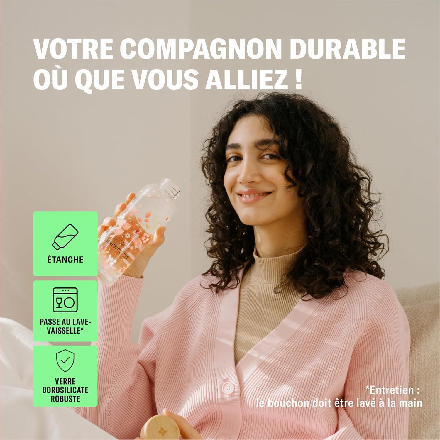 image:imagewaterdrop Bouteille en Verre 600ml Gourde Rutilisable en Verre Borosilicate avec Bouchon Bambou et Housse Sans BPA tanche Idale pour Maison Bureau Sport VoyageBlack Frosted Melange