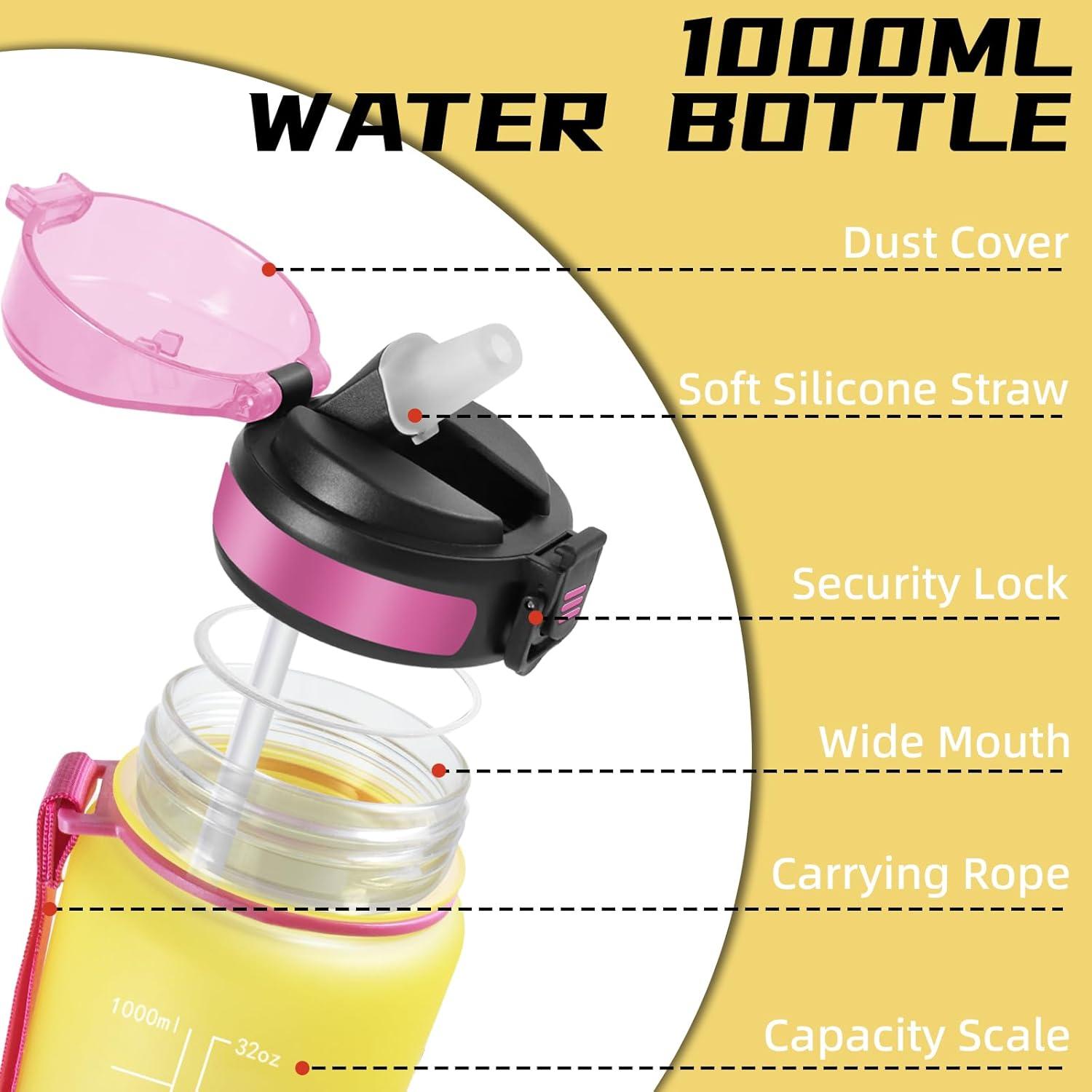 image:imageGourde 1l Gourde Sport Anti Fuite Gourdes Gradue pour 1 Journee Facile Transporter Gourd Gradue Gourdes de Camping et Randonne avec Slogan de Motivation Bouteille deau pour Yoga VoyageJaunerose