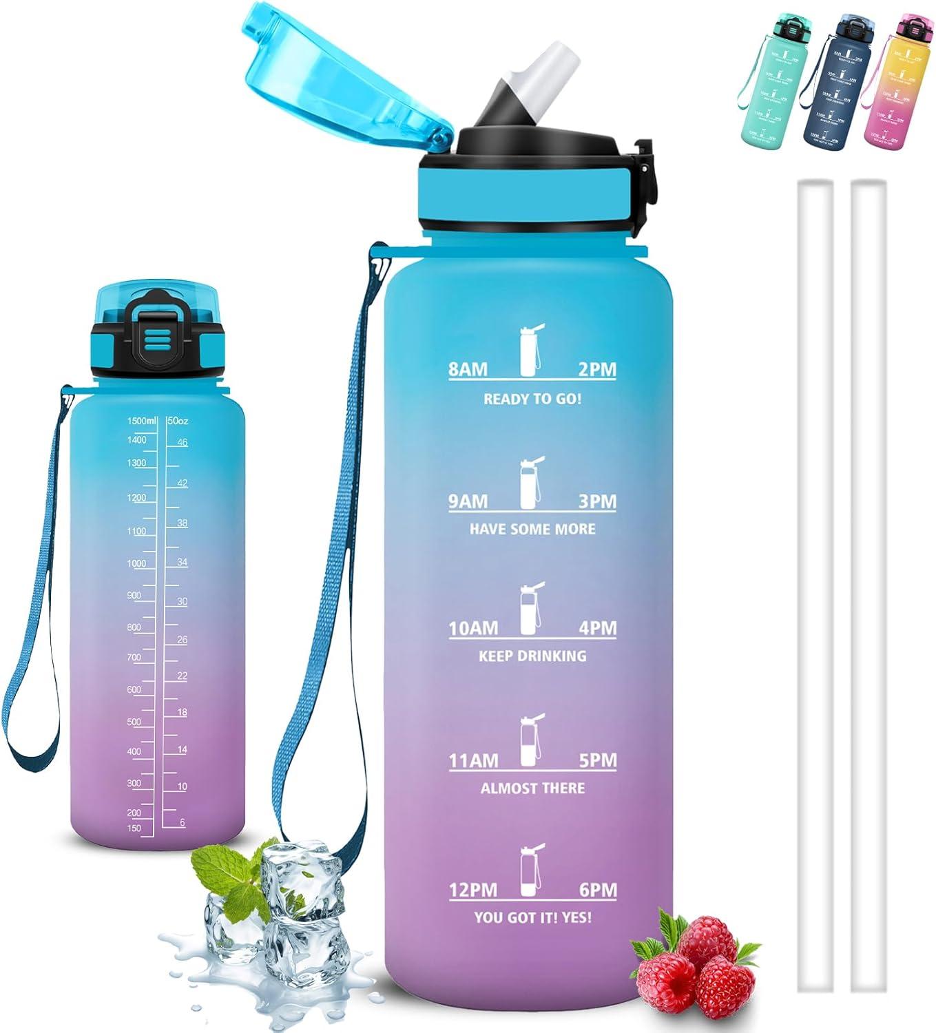 image:imageGourde 1l Gourde Sport Anti Fuite Gourdes Gradue pour 1 Journee Facile Transporter Gourd Gradue Gourdes de Camping et Randonne avec Slogan de Motivation Bouteille deau pour Yoga VoyageBleuviolet