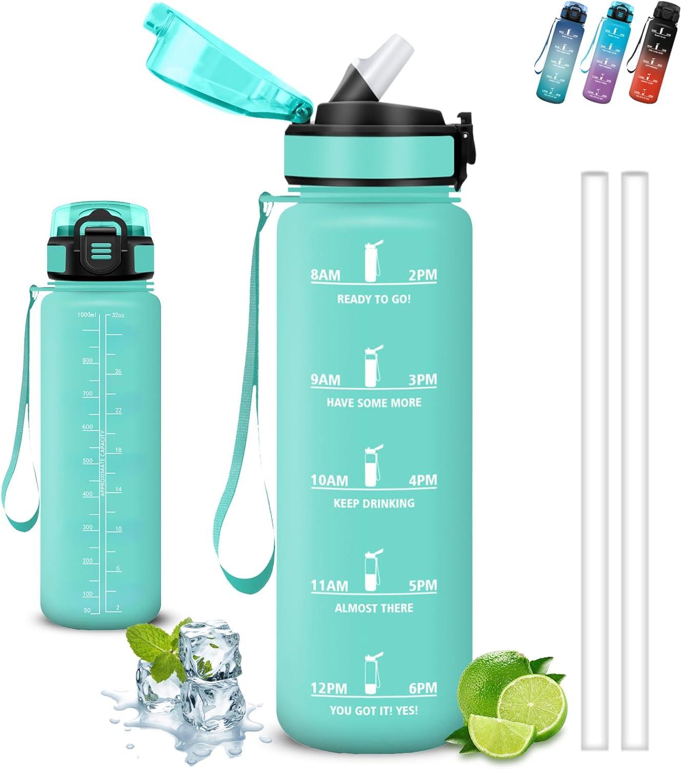 image:imageGourde 1l Gourde Sport Anti Fuite Gourdes Gradue pour 1 Journee Facile Transporter Gourd Gradue Gourdes de Camping et Randonne avec Slogan de Motivation Bouteille deau pour Yoga VoyageVert