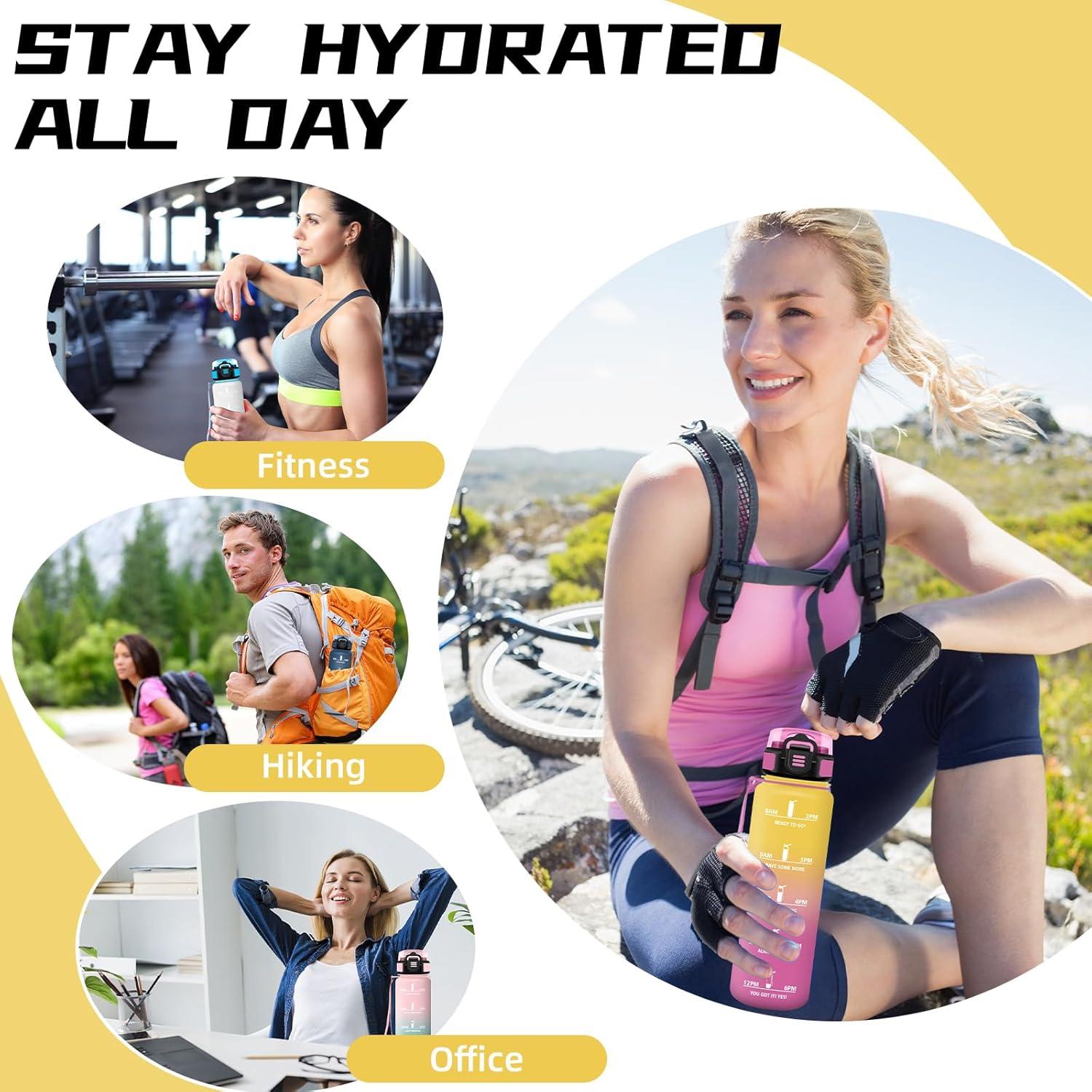 image:imageGourde 1l Gourde Sport Anti Fuite Gourdes Gradue pour 1 Journee Facile Transporter Gourd Gradue Gourdes de Camping et Randonne avec Slogan de Motivation Bouteille deau pour Yoga VoyageJaunerose