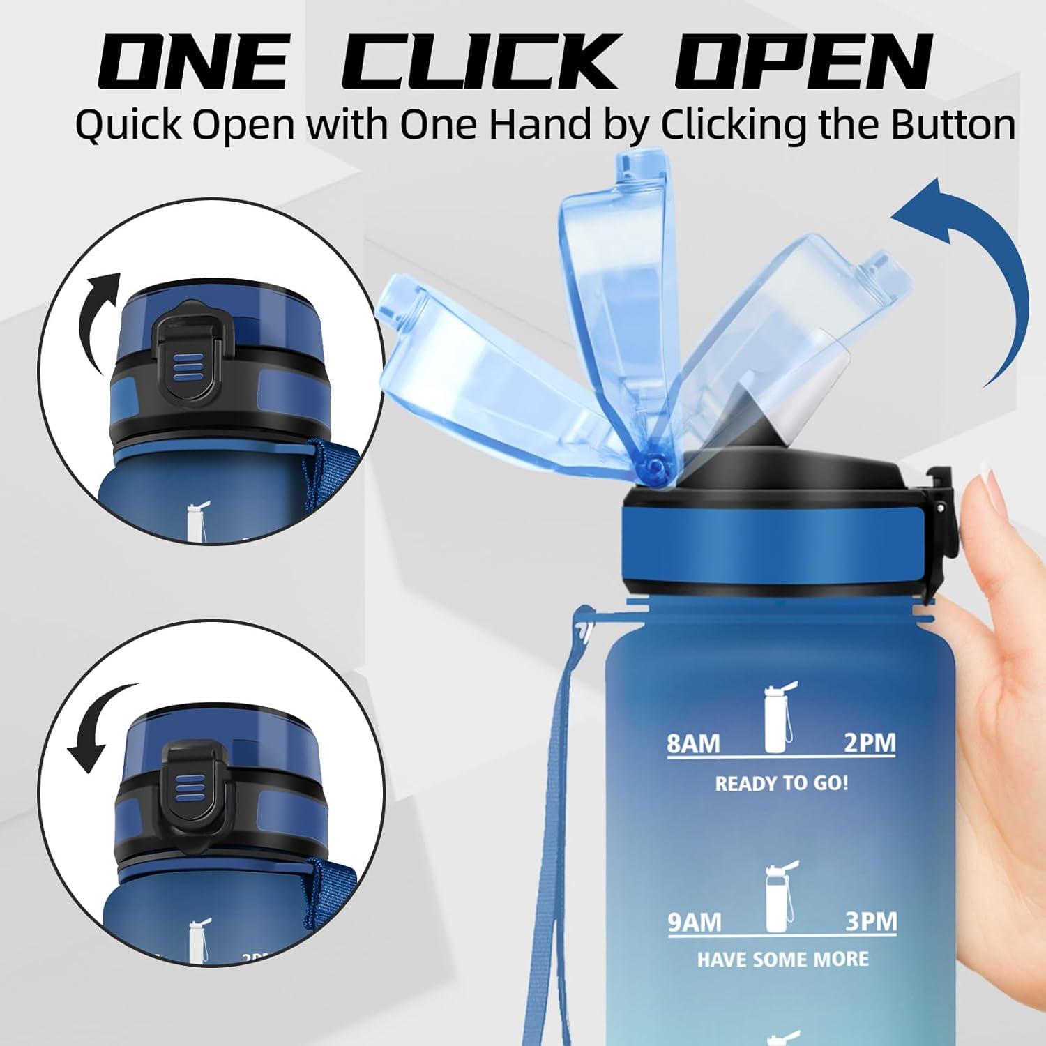 image:imageGourde 1l Gourde Sport Anti Fuite Gourdes Gradue pour 1 Journee Facile Transporter Gourd Gradue Gourdes de Camping et Randonne avec Slogan de Motivation Bouteille deau pour Yoga VoyageBleuvert