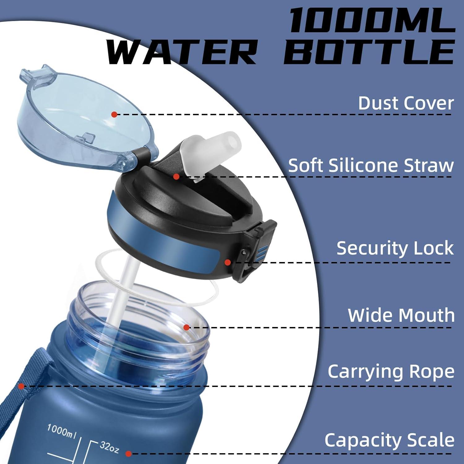 image:imageGourde 1l Gourde Sport Anti Fuite Gourdes Gradue pour 1 Journee Facile Transporter Gourd Gradue Gourdes de Camping et Randonne avec Slogan de Motivation Bouteille deau pour Yoga VoyageBleuvert