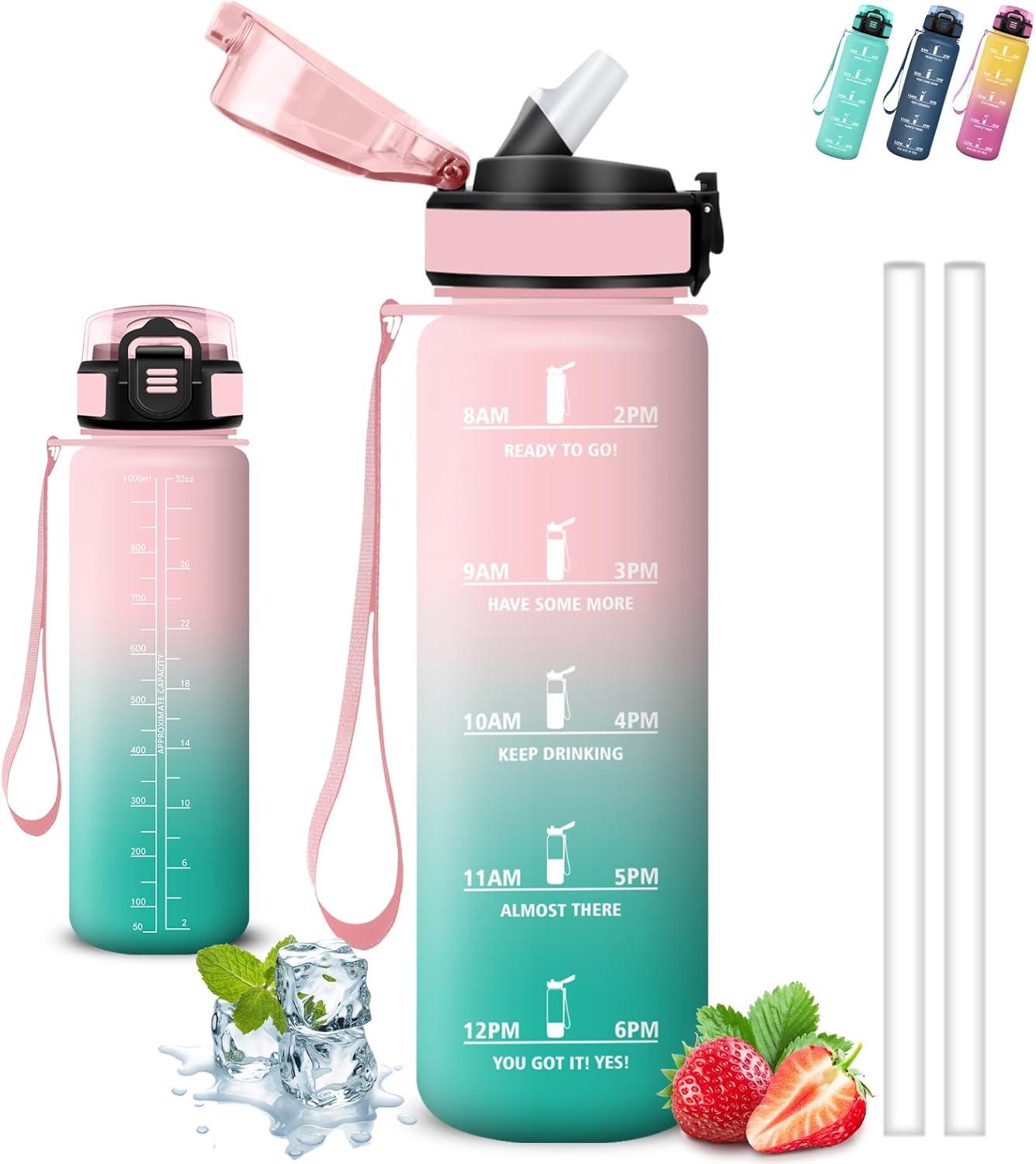 image:imageGourde 1l Gourde Sport Anti Fuite Gourdes Gradue pour 1 Journee Facile Transporter Gourd Gradue Gourdes de Camping et Randonne avec Slogan de Motivation Bouteille deau pour Yoga VoyageRosevert