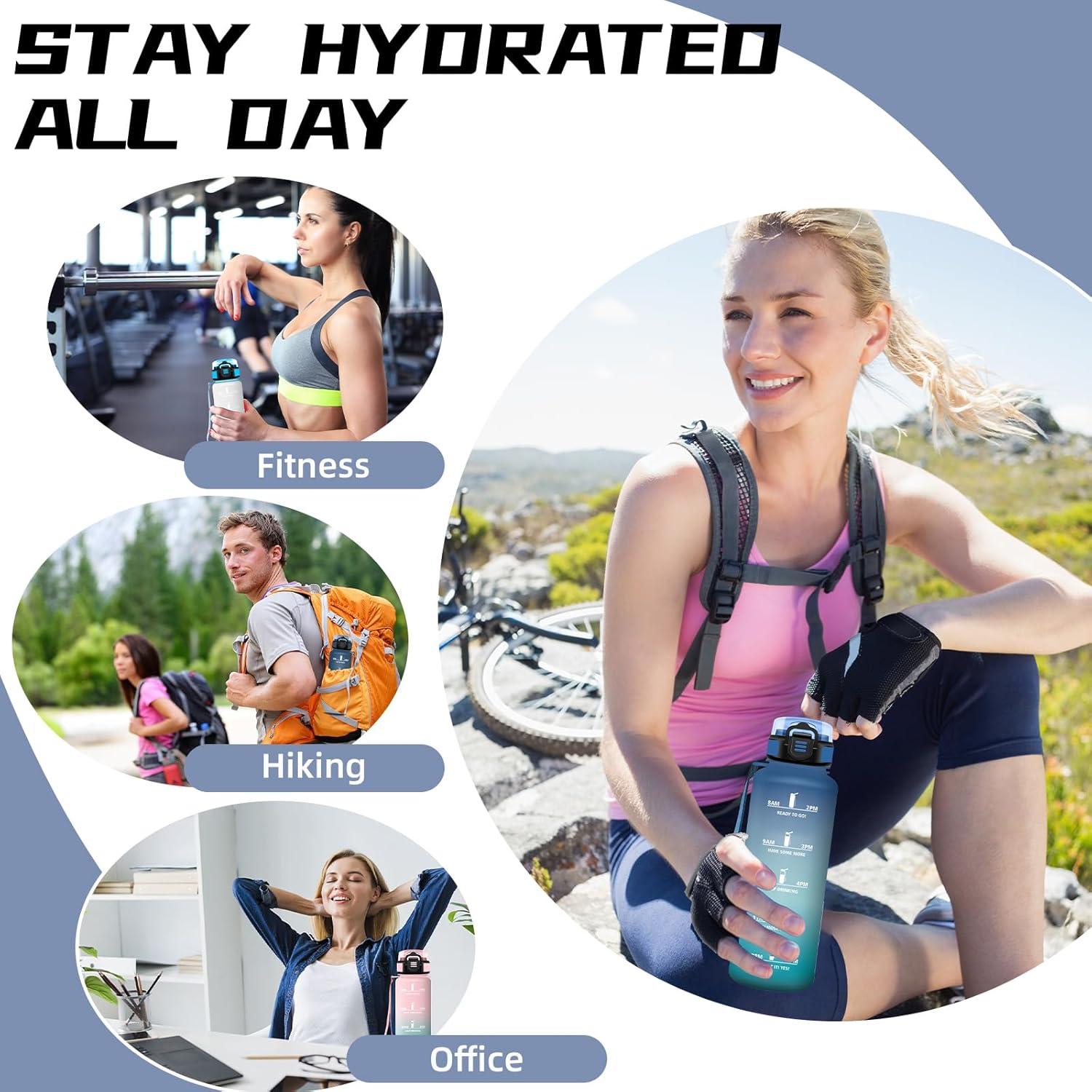 image:imageGourde 1l Gourde Sport Anti Fuite Gourdes Gradue pour 1 Journee Facile Transporter Gourd Gradue Gourdes de Camping et Randonne avec Slogan de Motivation Bouteille deau pour Yoga VoyageBleuvert