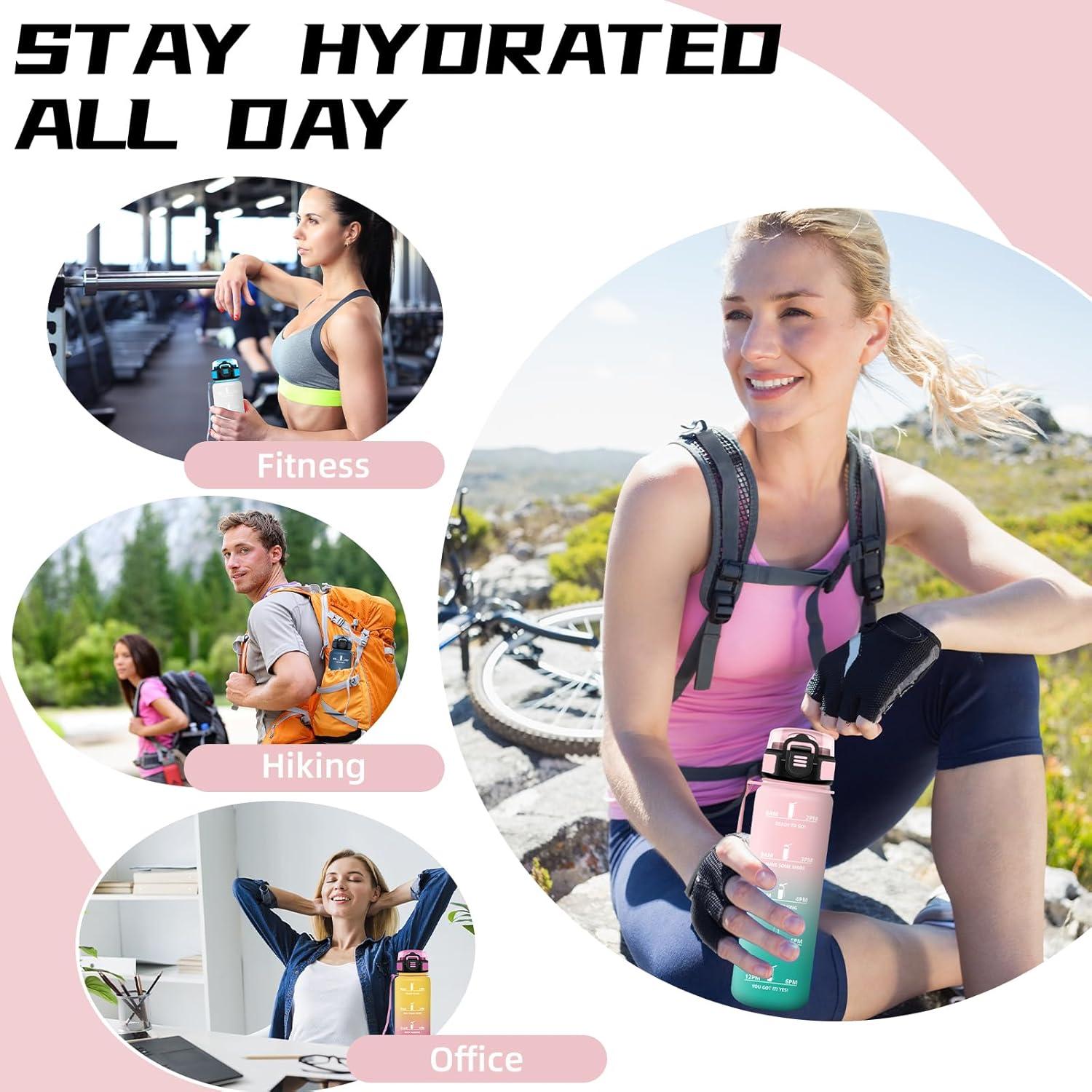 image:imageGourde 1l Gourde Sport Anti Fuite Gourdes Gradue pour 1 Journee Facile Transporter Gourd Gradue Gourdes de Camping et Randonne avec Slogan de Motivation Bouteille deau pour Yoga VoyageRosevert