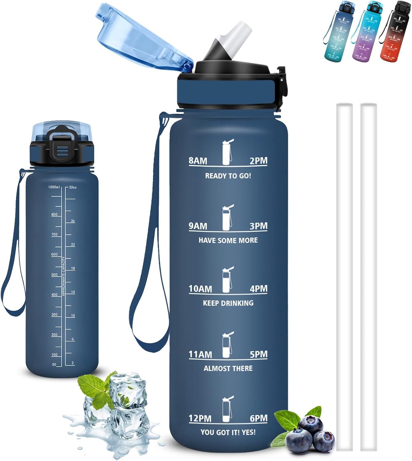 image:imageGourde 1l Gourde Sport Anti Fuite Gourdes Gradue pour 1 Journee Facile Transporter Gourd Gradue Gourdes de Camping et Randonne avec Slogan de Motivation Bouteille deau pour Yoga VoyageBleu Fonc