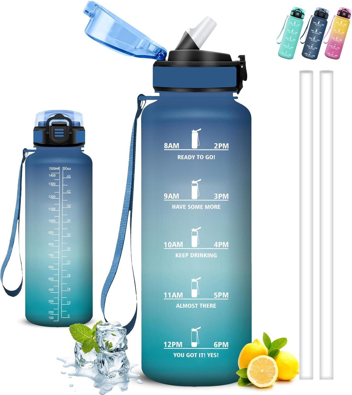 image:imageGourde 1l Gourde Sport Anti Fuite Gourdes Gradue pour 1 Journee Facile Transporter Gourd Gradue Gourdes de Camping et Randonne avec Slogan de Motivation Bouteille deau pour Yoga VoyageBleuvert