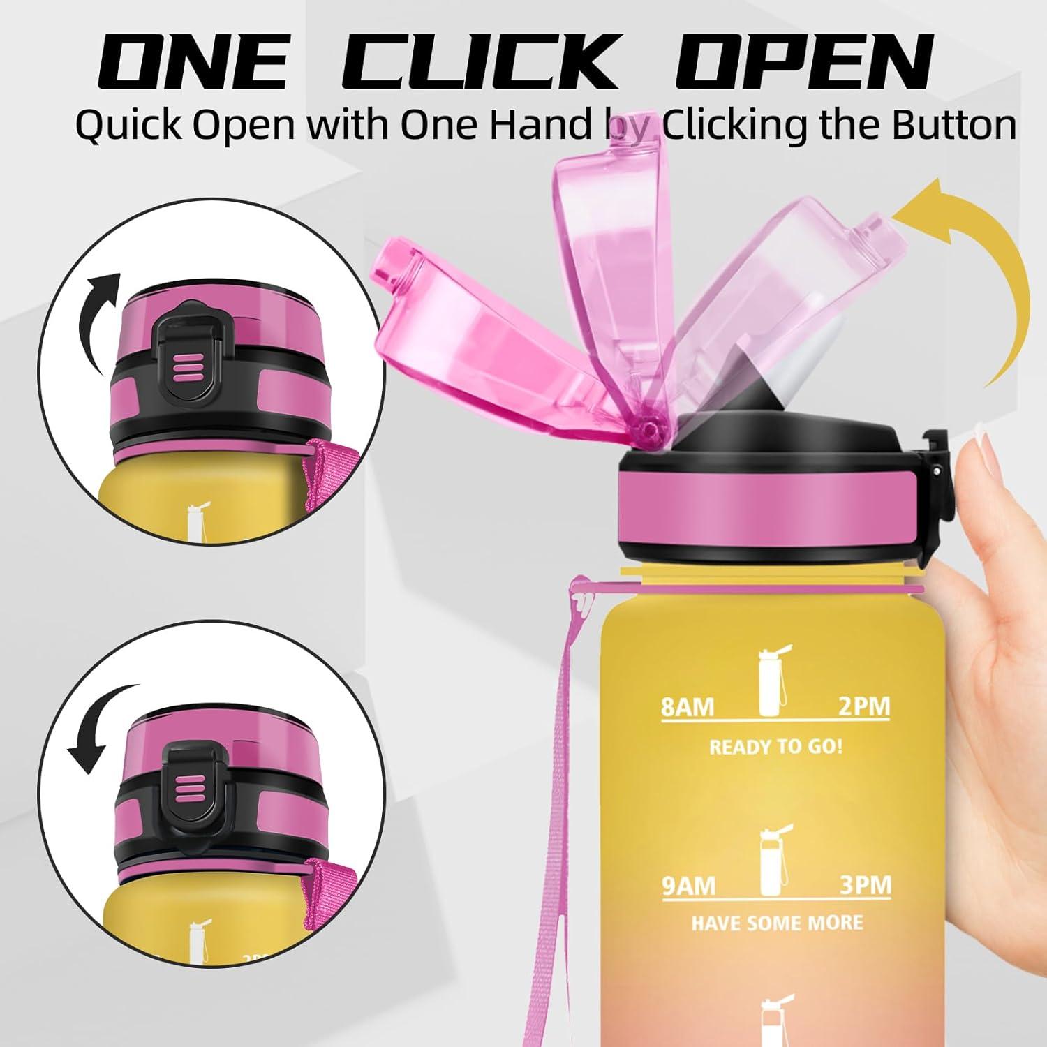 image:imageGourde 1l Gourde Sport Anti Fuite Gourdes Gradue pour 1 Journee Facile Transporter Gourd Gradue Gourdes de Camping et Randonne avec Slogan de Motivation Bouteille deau pour Yoga VoyageJaunerose