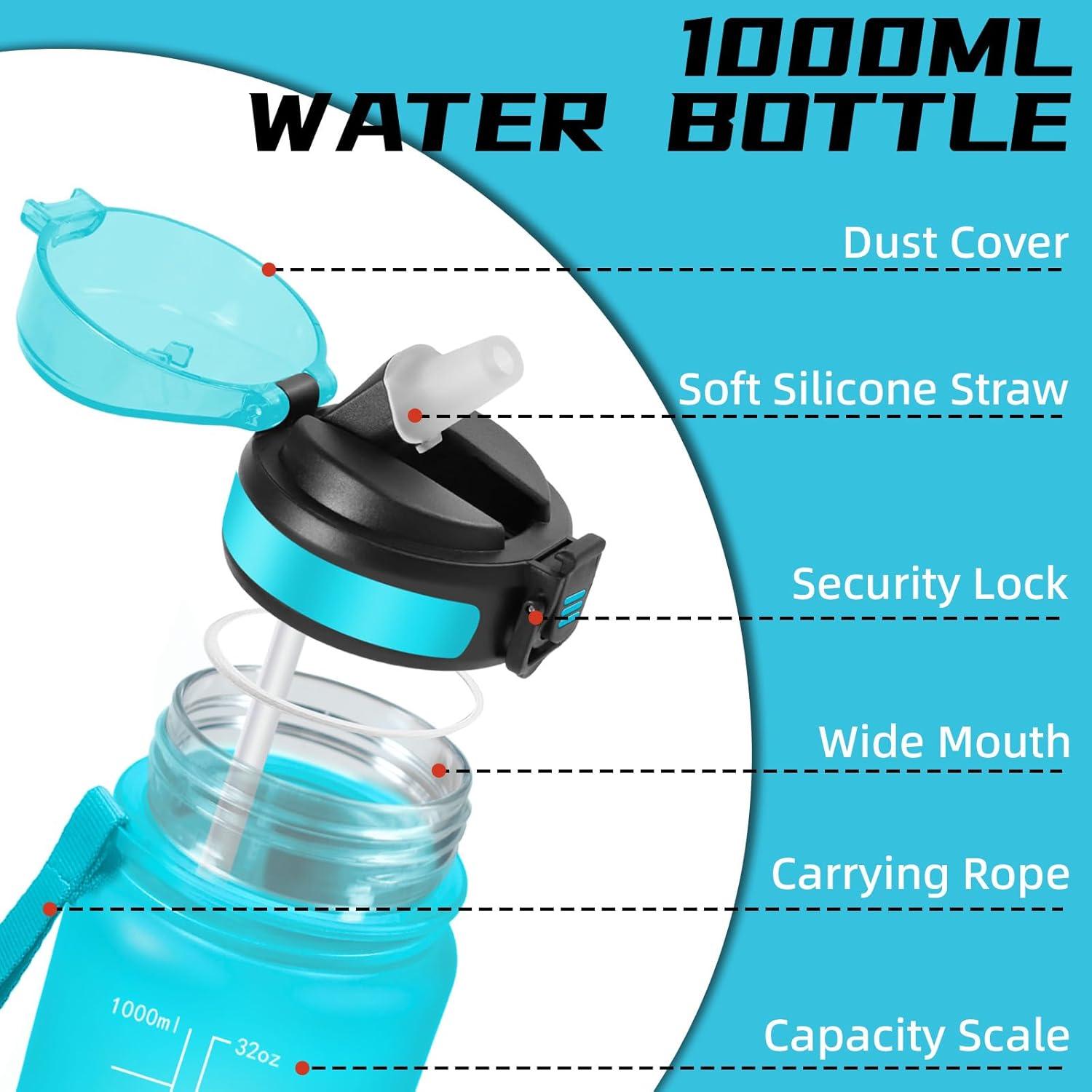 image:imageGourde 1l Gourde Sport Anti Fuite Gourdes Gradue pour 1 Journee Facile Transporter Gourd Gradue Gourdes de Camping et Randonne avec Slogan de Motivation Bouteille deau pour Yoga VoyageBleuviolet