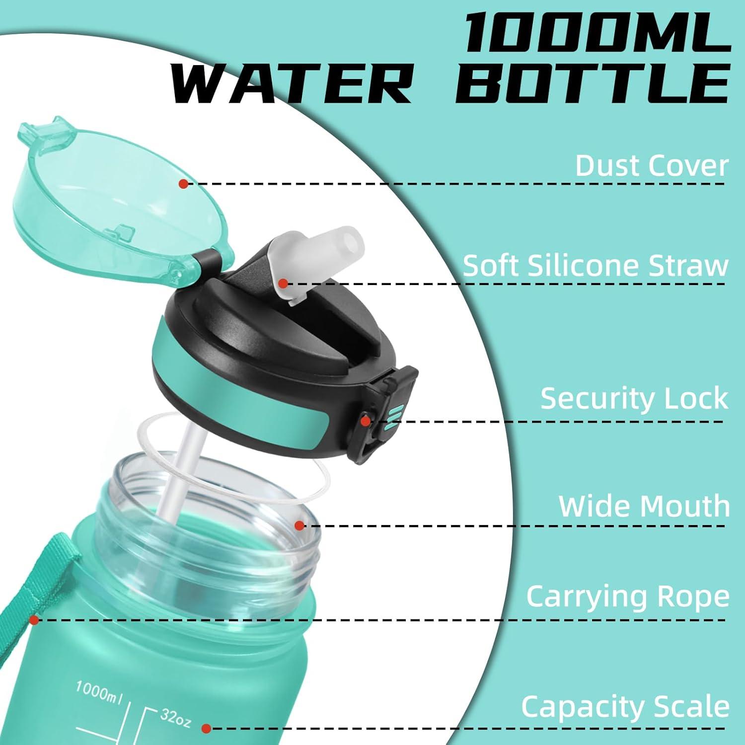 image:imageGourde 1l Gourde Sport Anti Fuite Gourdes Gradue pour 1 Journee Facile Transporter Gourd Gradue Gourdes de Camping et Randonne avec Slogan de Motivation Bouteille deau pour Yoga VoyageVert