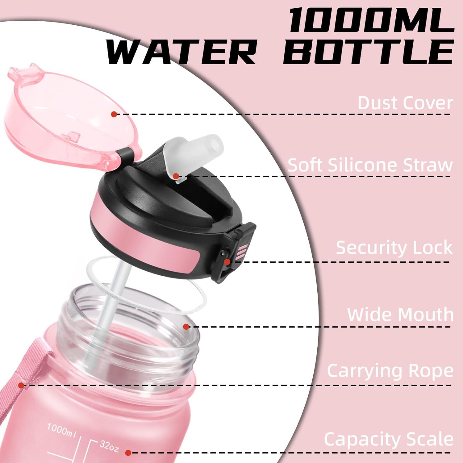 image:imageGourde 1l Gourde Sport Anti Fuite Gourdes Gradue pour 1 Journee Facile Transporter Gourd Gradue Gourdes de Camping et Randonne avec Slogan de Motivation Bouteille deau pour Yoga VoyageRosevert