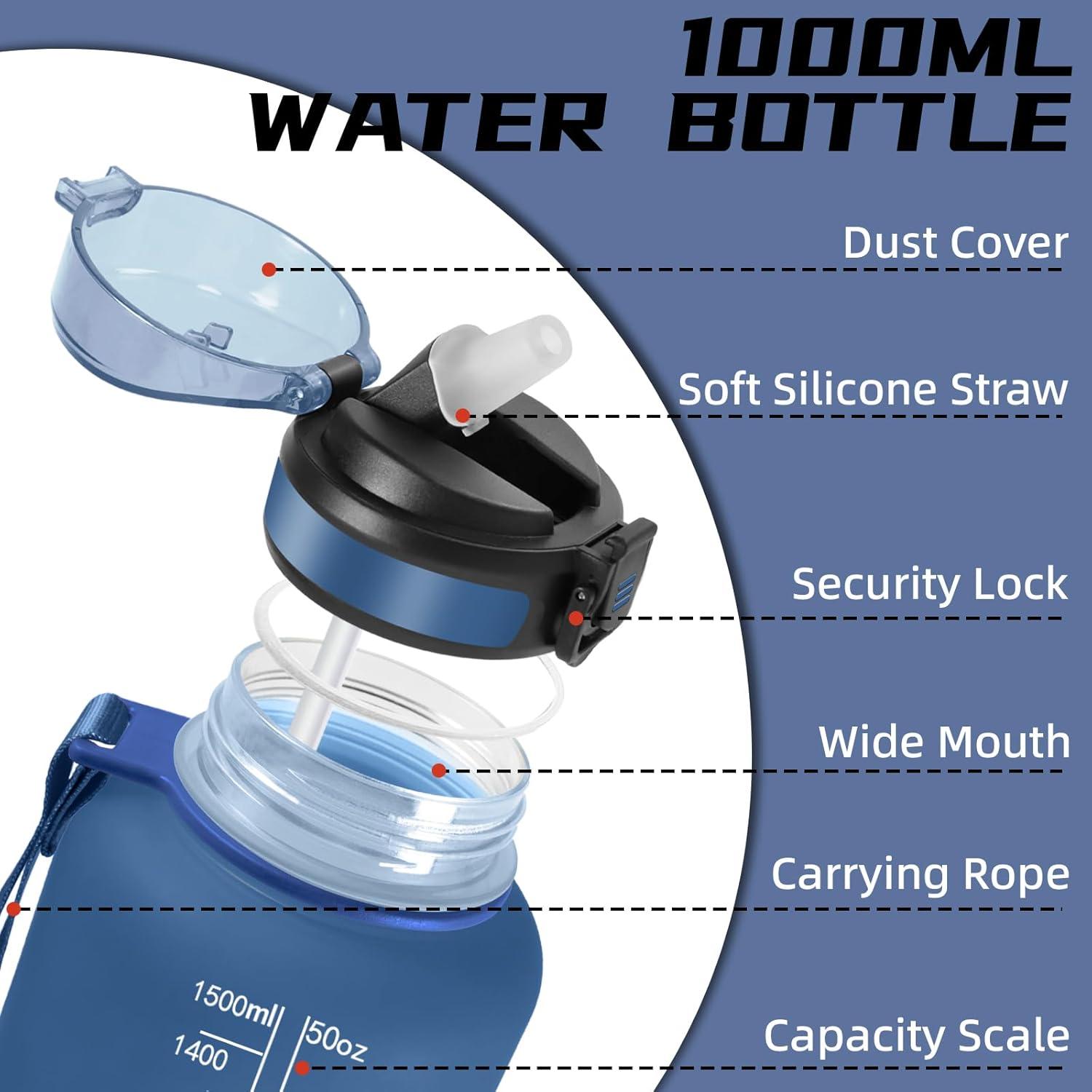 image:imageGourde 1l Gourde Sport Anti Fuite Gourdes Gradue pour 1 Journee Facile Transporter Gourd Gradue Gourdes de Camping et Randonne avec Slogan de Motivation Bouteille deau pour Yoga VoyageBleuvert