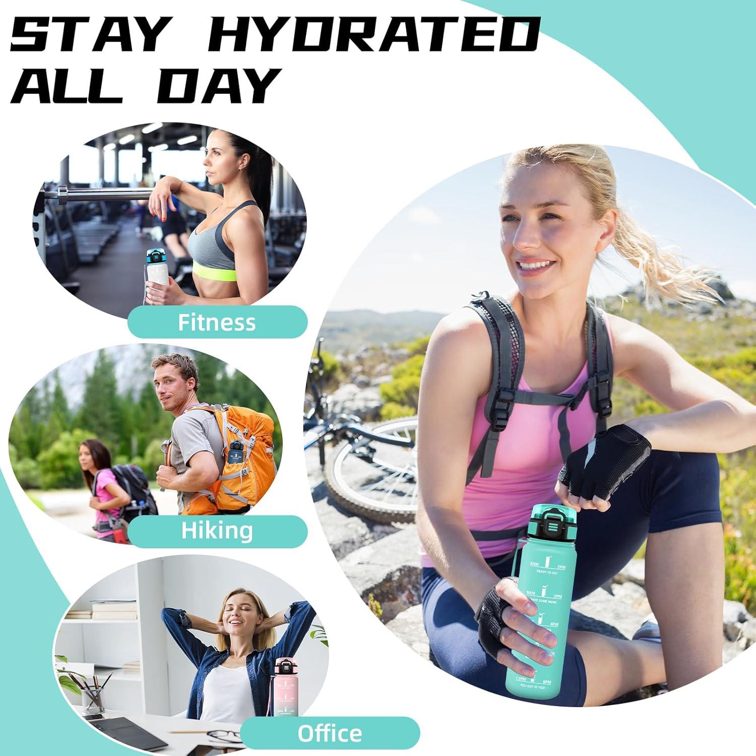 image:imageGourde 1l Gourde Sport Anti Fuite Gourdes Gradue pour 1 Journee Facile Transporter Gourd Gradue Gourdes de Camping et Randonne avec Slogan de Motivation Bouteille deau pour Yoga VoyageVert
