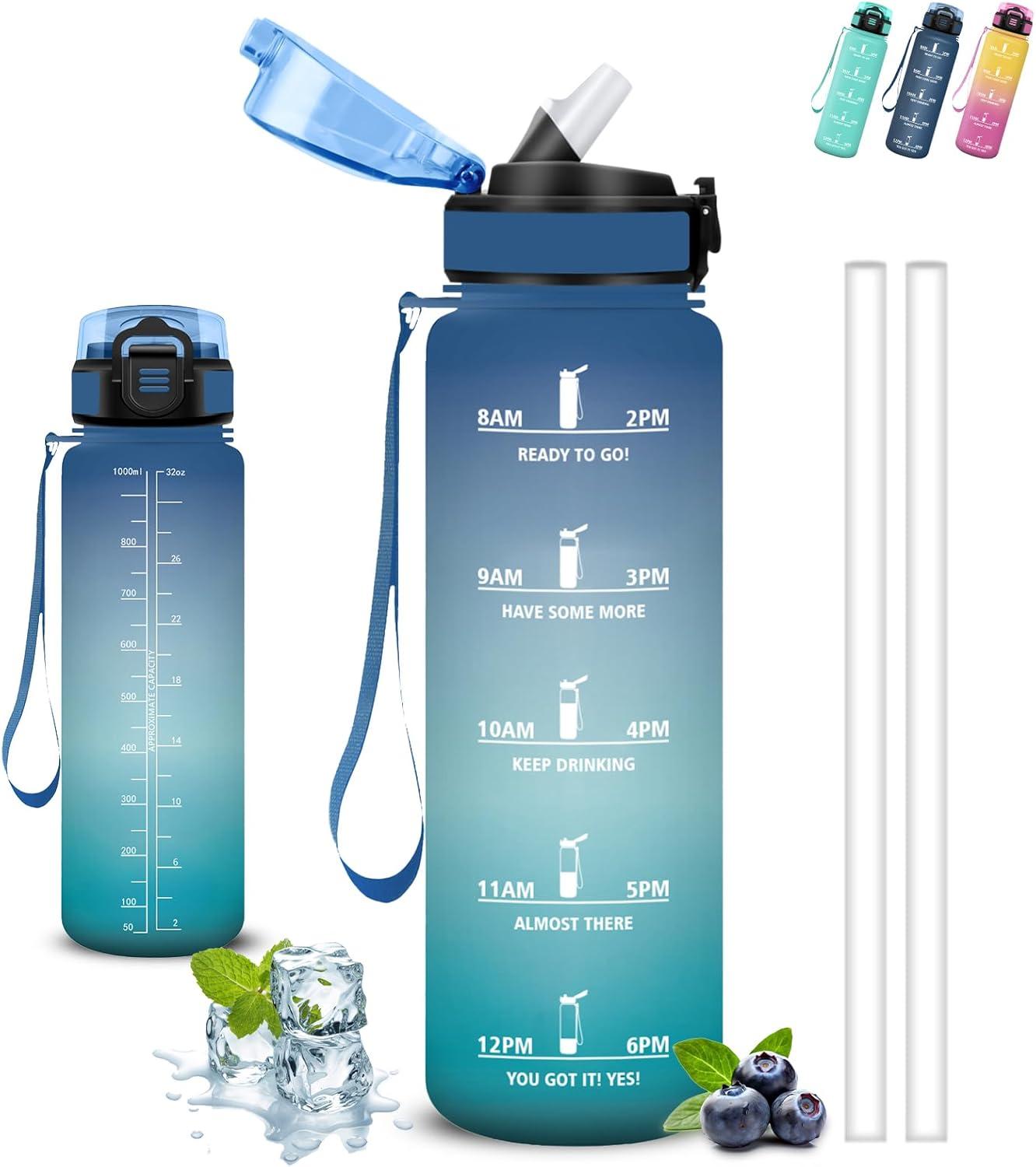 image:imageGourde 1l Gourde Sport Anti Fuite Gourdes Gradue pour 1 Journee Facile Transporter Gourd Gradue Gourdes de Camping et Randonne avec Slogan de Motivation Bouteille deau pour Yoga VoyageBleuvert