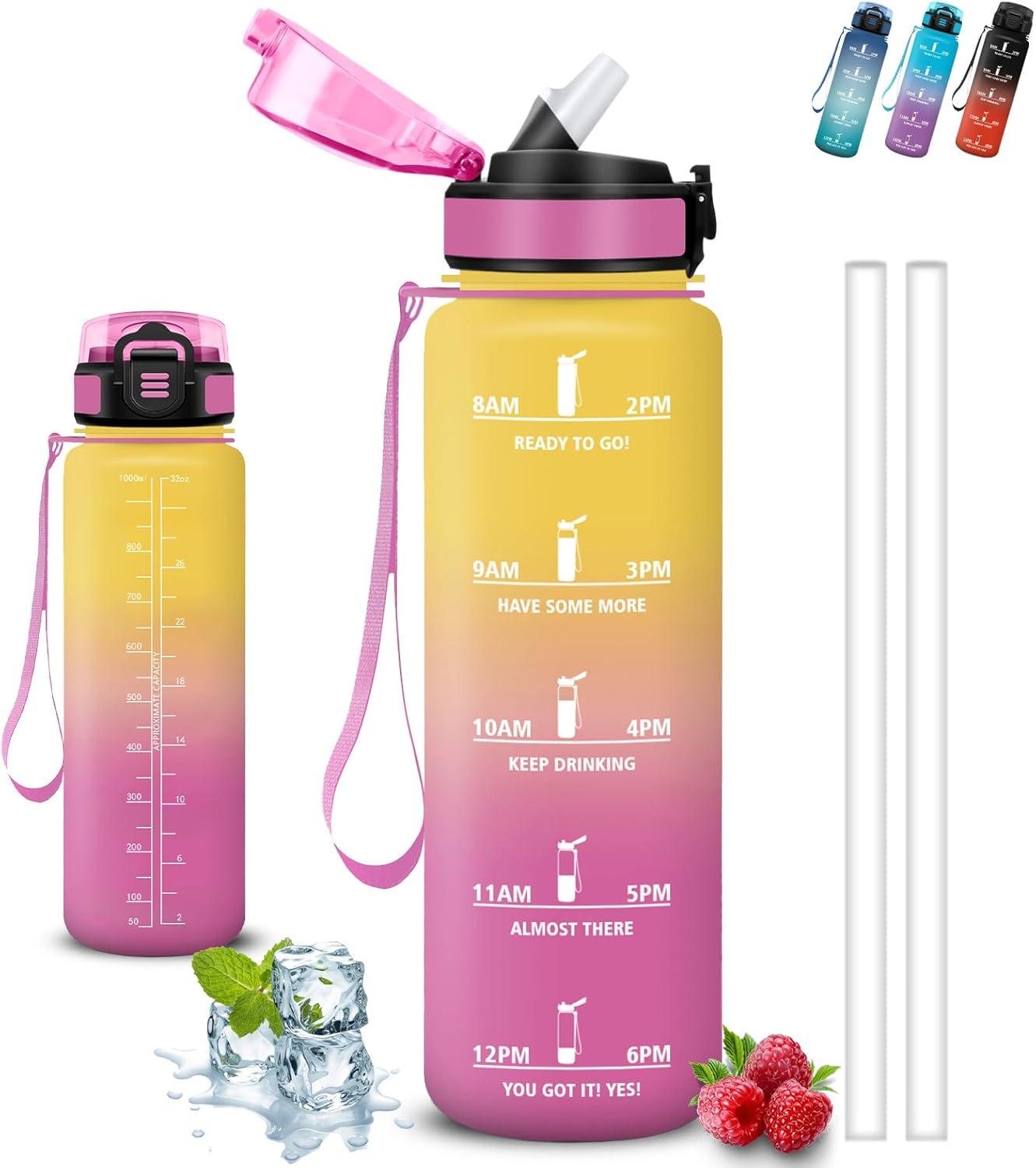 image:imageGourde 1l Gourde Sport Anti Fuite Gourdes Gradue pour 1 Journee Facile Transporter Gourd Gradue Gourdes de Camping et Randonne avec Slogan de Motivation Bouteille deau pour Yoga VoyageJaunerose