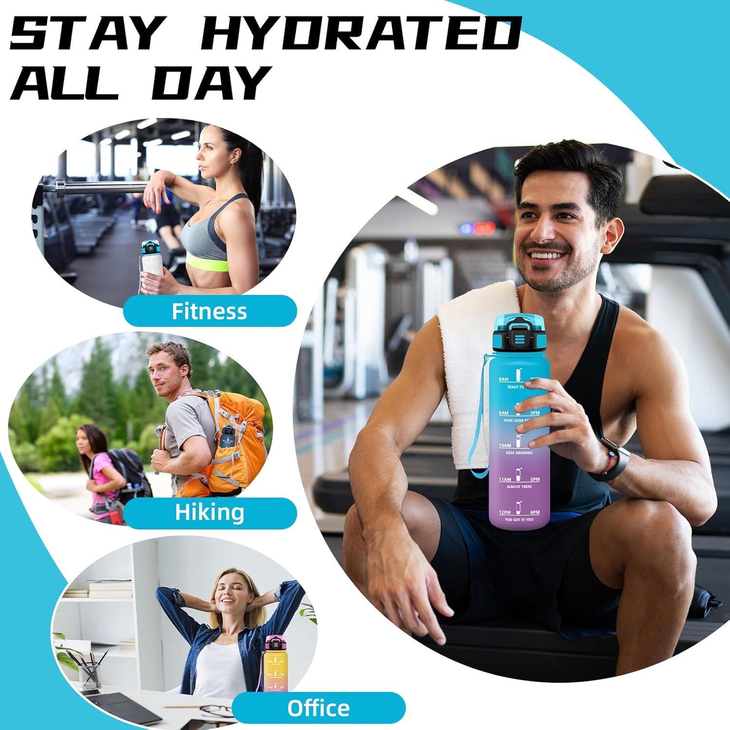 image:imageGourde 1l Gourde Sport Anti Fuite Gourdes Gradue pour 1 Journee Facile Transporter Gourd Gradue Gourdes de Camping et Randonne avec Slogan de Motivation Bouteille deau pour Yoga VoyageBleuviolet