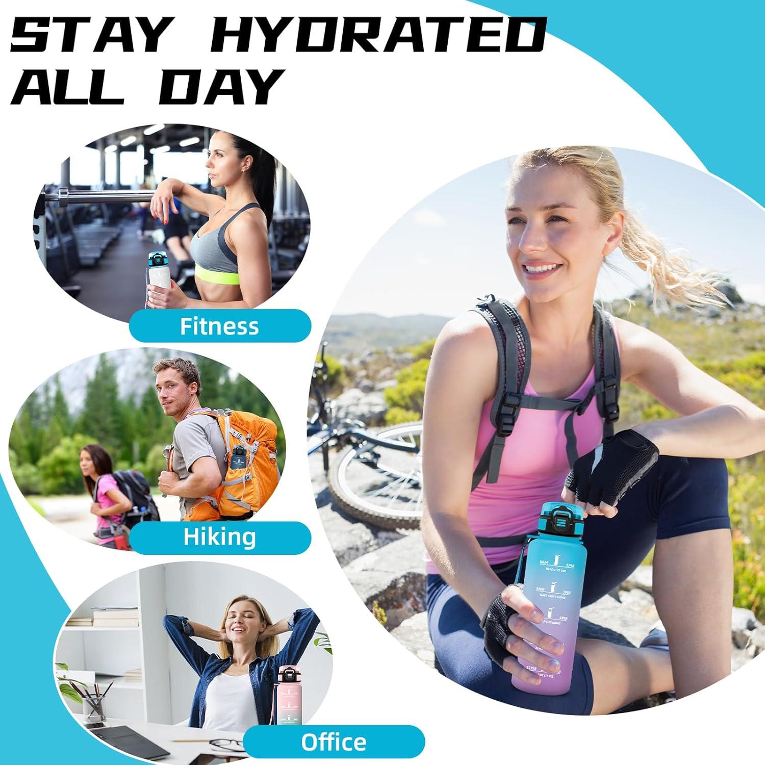image:imageGourde 1l Gourde Sport Anti Fuite Gourdes Gradue pour 1 Journee Facile Transporter Gourd Gradue Gourdes de Camping et Randonne avec Slogan de Motivation Bouteille deau pour Yoga VoyageBleuviolet