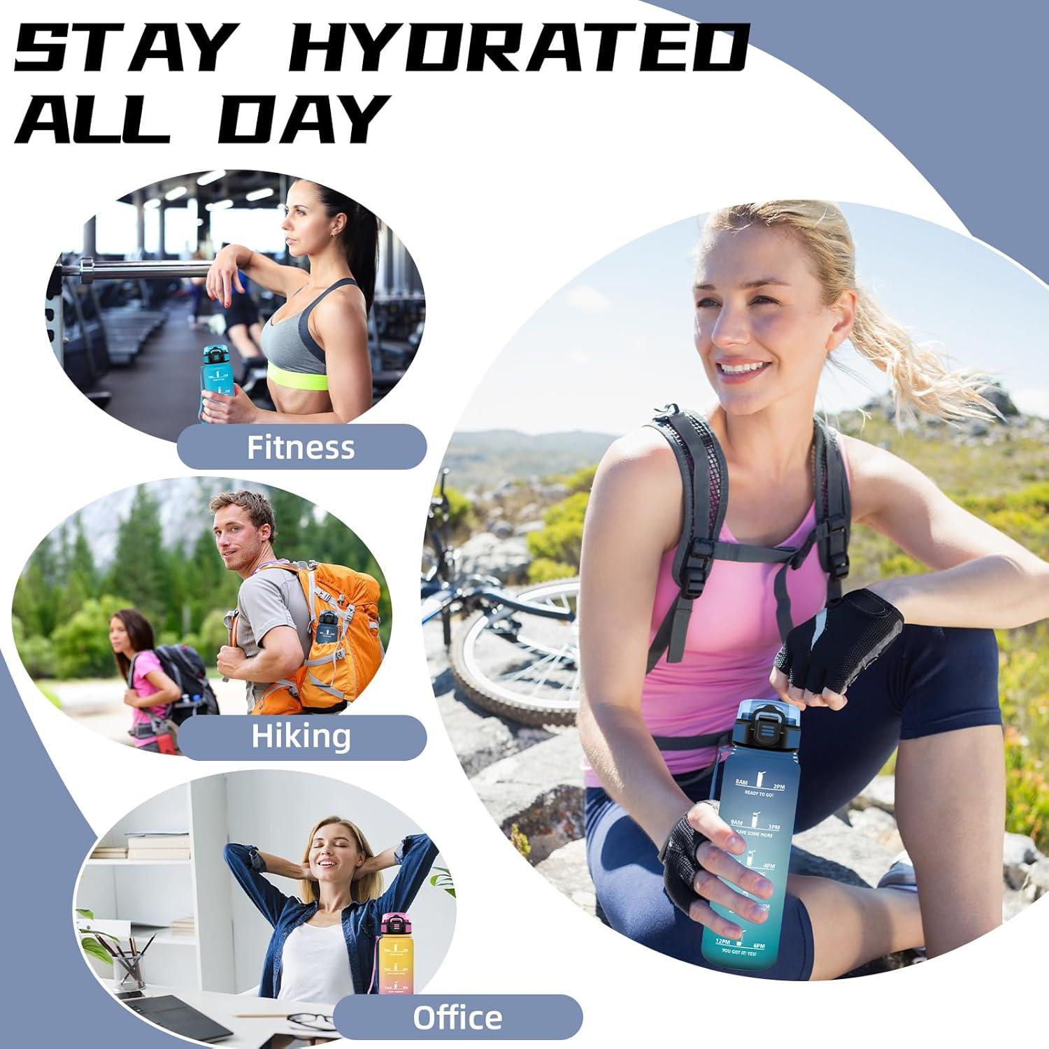 image:imageGourde 1l Gourde Sport Anti Fuite Gourdes Gradue pour 1 Journee Facile Transporter Gourd Gradue Gourdes de Camping et Randonne avec Slogan de Motivation Bouteille deau pour Yoga VoyageBleuvert