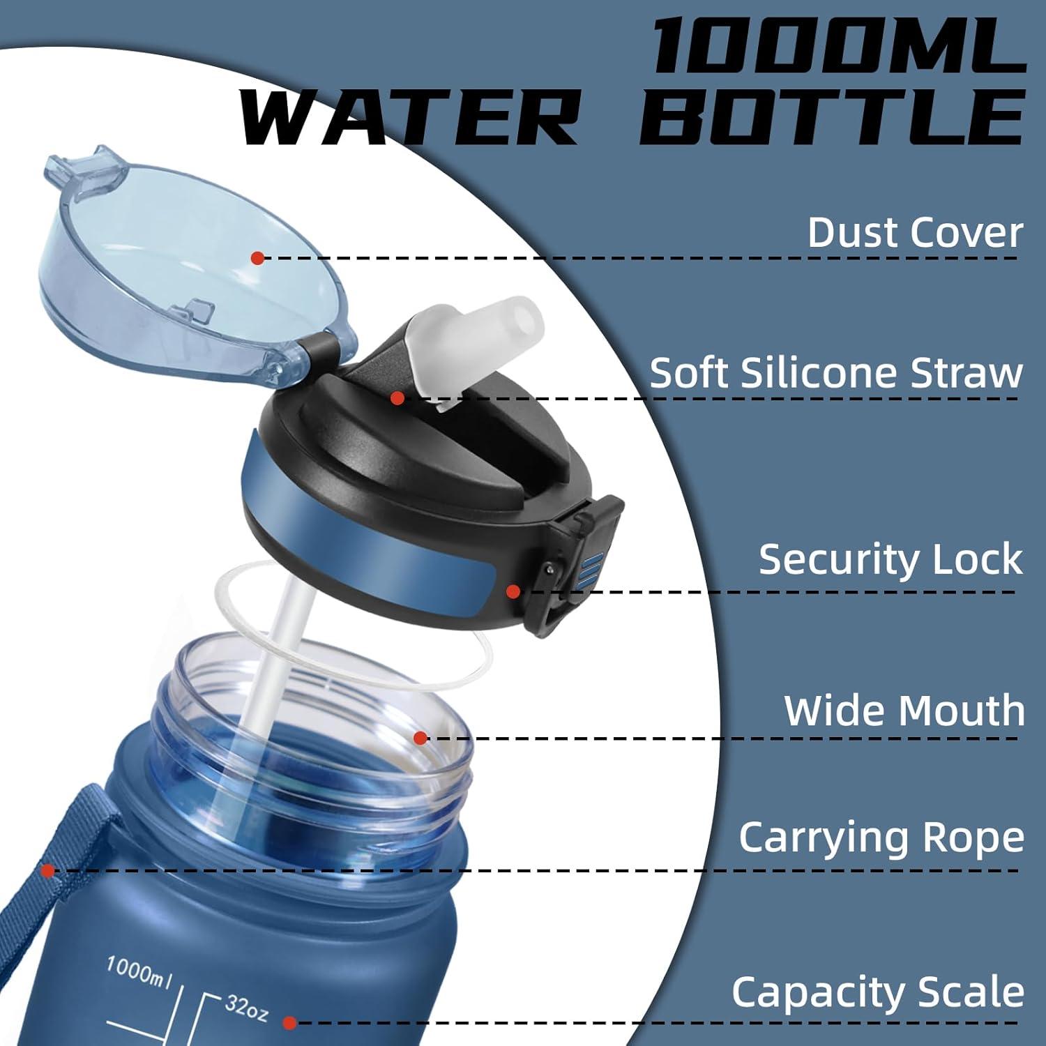 image:imageGourde 1l Gourde Sport Anti Fuite Gourdes Gradue pour 1 Journee Facile Transporter Gourd Gradue Gourdes de Camping et Randonne avec Slogan de Motivation Bouteille deau pour Yoga VoyageBleu Fonc