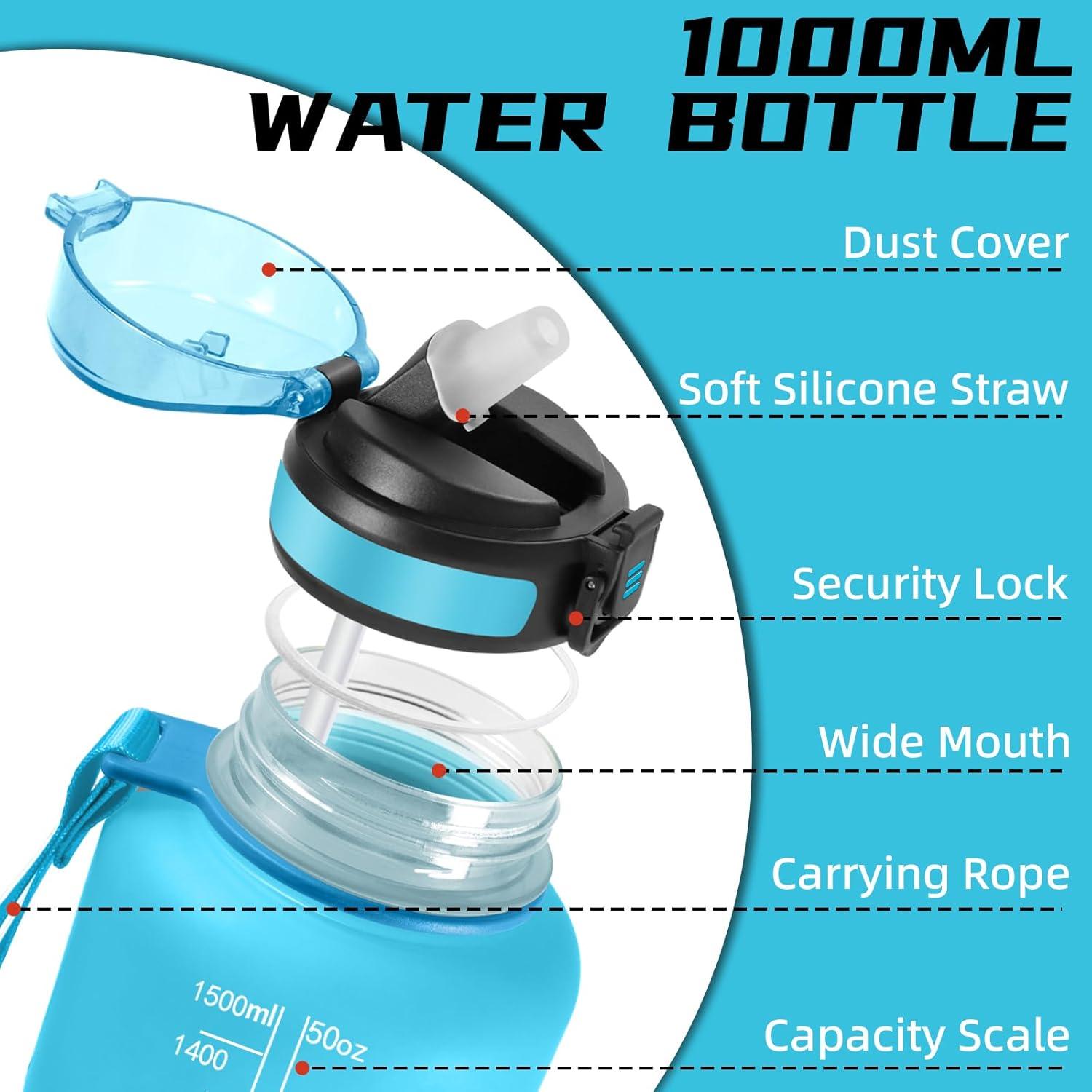 image:imageGourde 1l Gourde Sport Anti Fuite Gourdes Gradue pour 1 Journee Facile Transporter Gourd Gradue Gourdes de Camping et Randonne avec Slogan de Motivation Bouteille deau pour Yoga VoyageBleuviolet