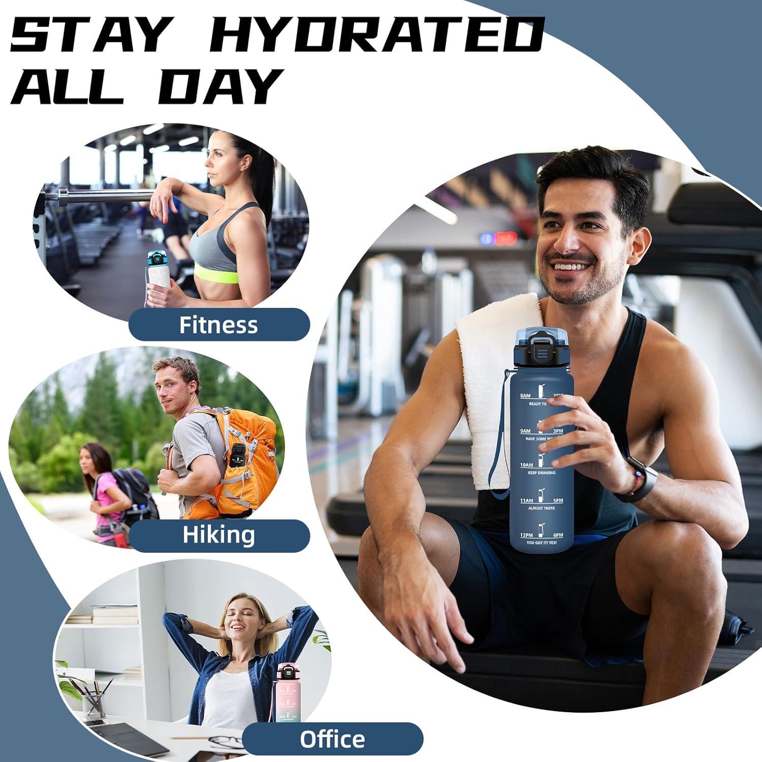 image:imageGourde 1l Gourde Sport Anti Fuite Gourdes Gradue pour 1 Journee Facile Transporter Gourd Gradue Gourdes de Camping et Randonne avec Slogan de Motivation Bouteille deau pour Yoga VoyageBleu Fonc
