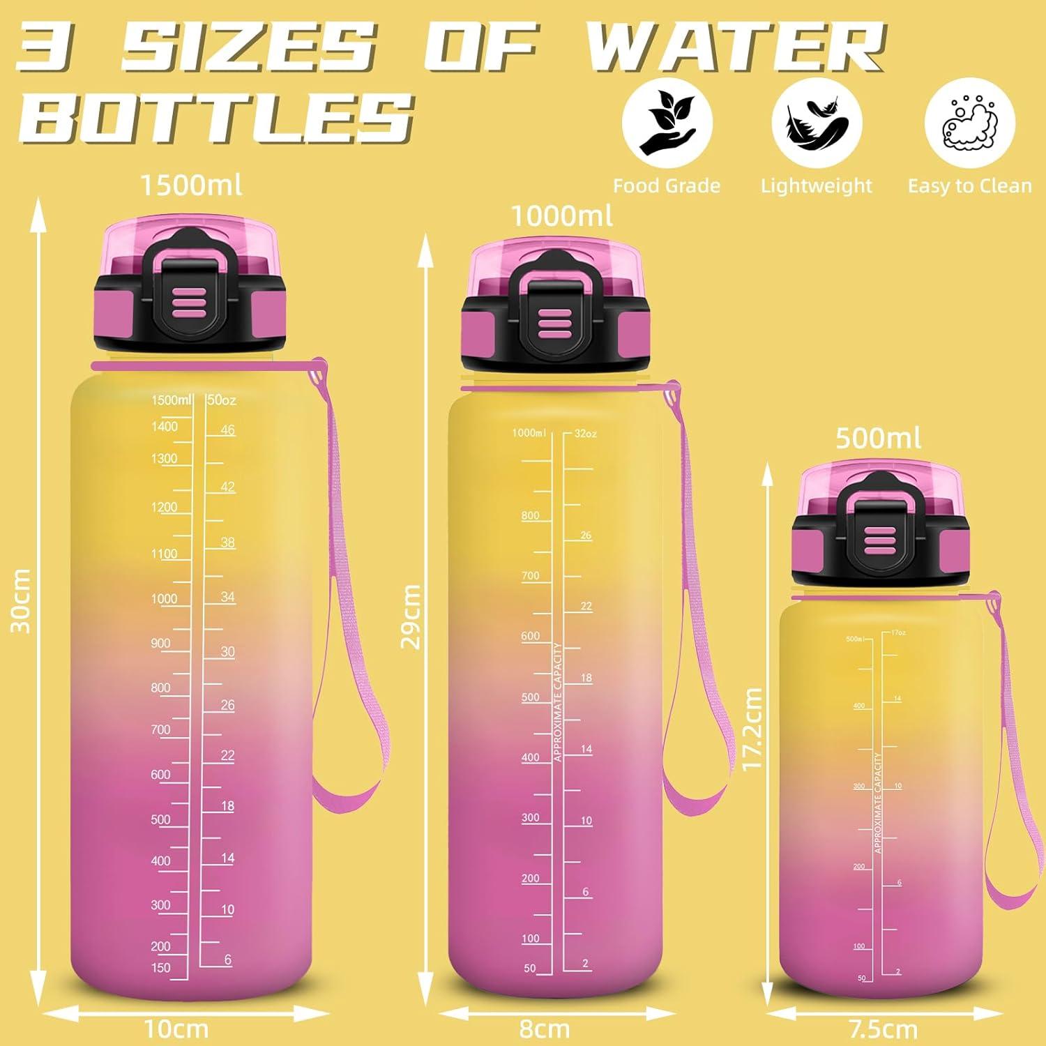 image:imageGourde 1l Gourde Sport Anti Fuite Gourdes Gradue pour 1 Journee Facile Transporter Gourd Gradue Gourdes de Camping et Randonne avec Slogan de Motivation Bouteille deau pour Yoga VoyageJaunerose