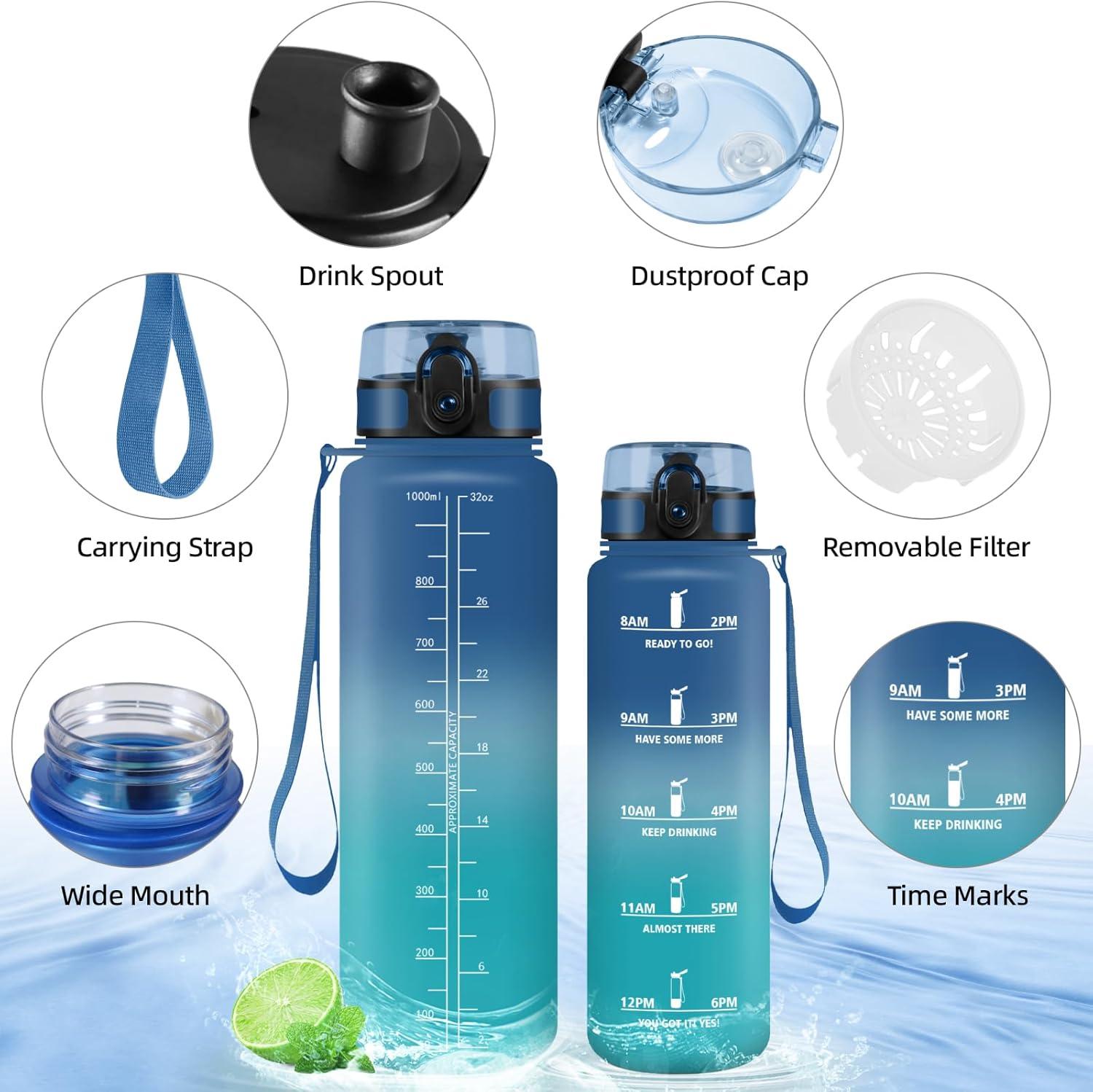 image:imageHoneyHolly Gourde 50010001500ml Gourde Sport Gourde Filtre et Marqueur de Temps Gourde deau Sans BPA Bouteille deau pour Sport Fitness Yoga Lcole BureauBleu Vert1l
