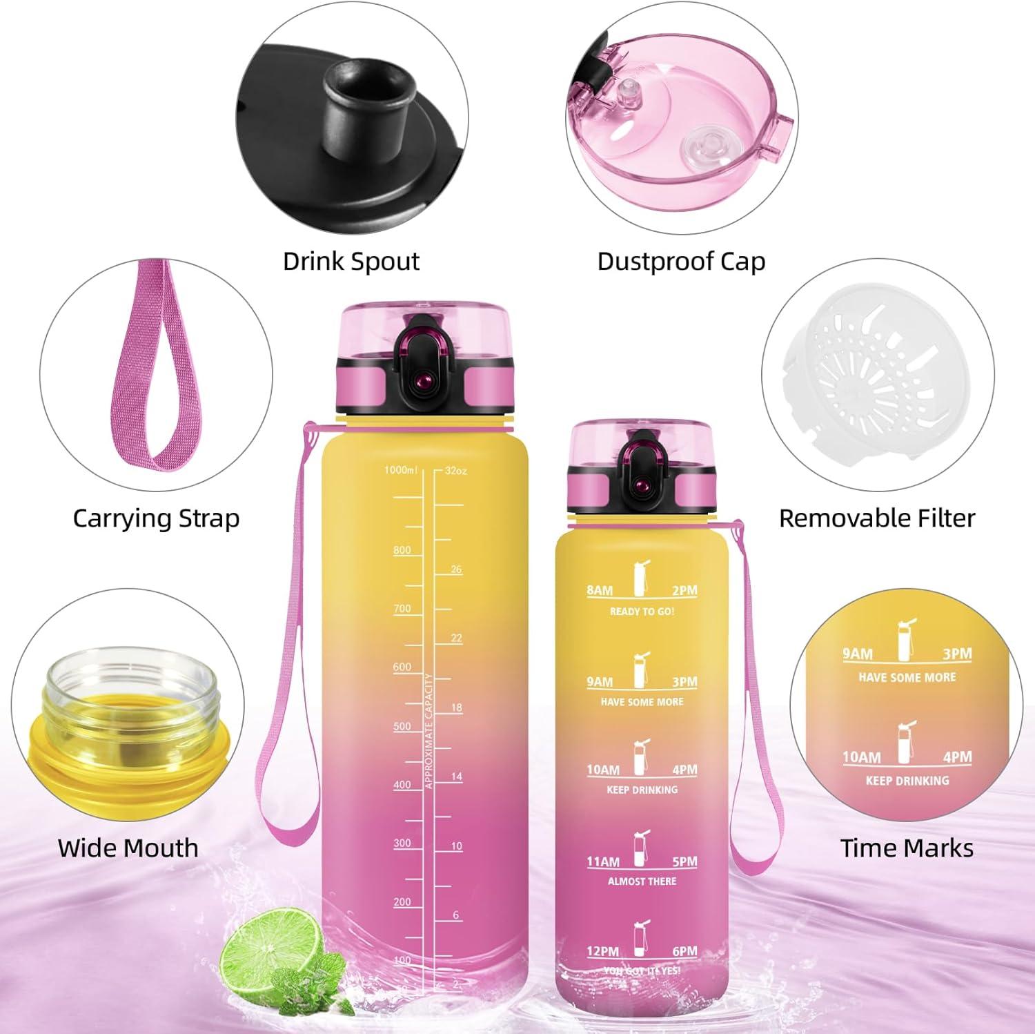 image:imageHoneyHolly Gourde 50010001500ml Gourde Sport Gourde Filtre et Marqueur de Temps Gourde deau Sans BPA Bouteille deau pour Sport Fitness Yoga Lcole BureauJaune Rose1l