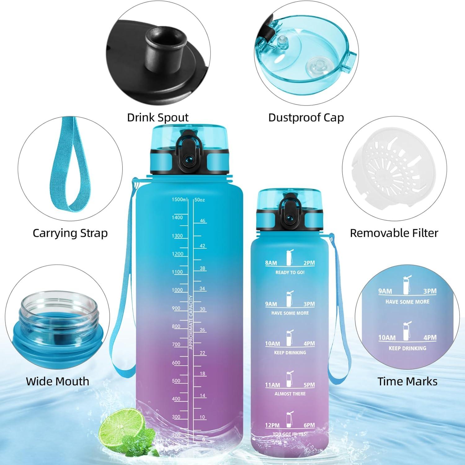 image:imageHoneyHolly Gourde 50010001500ml Gourde Sport Gourde Filtre et Marqueur de Temps Gourde deau Sans BPA Bouteille deau pour Sport Fitness Yoga Lcole BureauBleu Violet15l