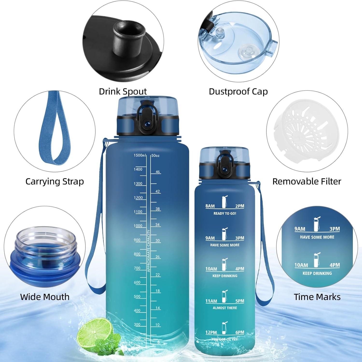 image:imageHoneyHolly Gourde 50010001500ml Gourde Sport Gourde Filtre et Marqueur de Temps Gourde deau Sans BPA Bouteille deau pour Sport Fitness Yoga Lcole BureauBleu Vert15l