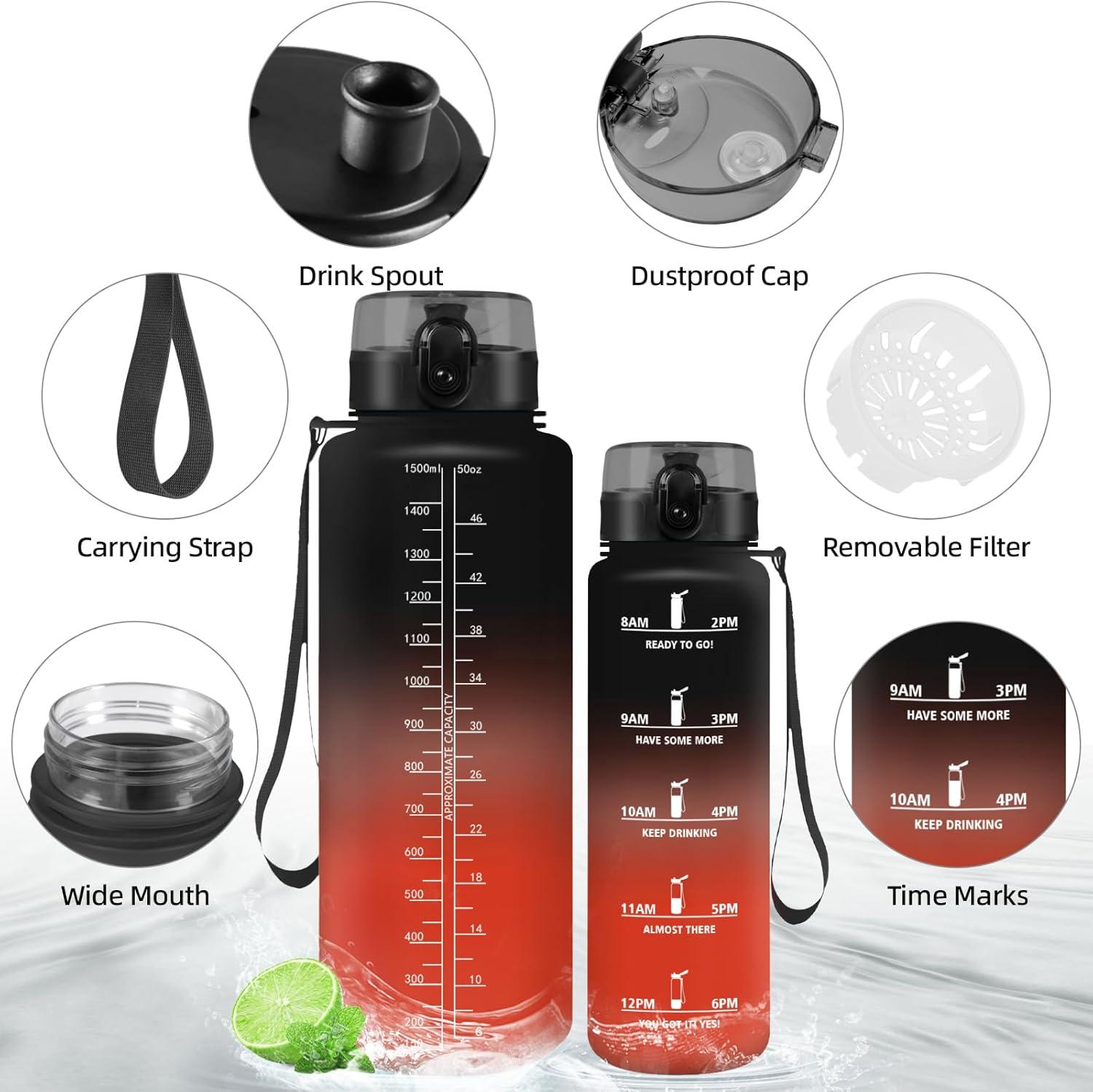image:imageHoneyHolly Gourde 50010001500ml Gourde Sport Gourde Filtre et Marqueur de Temps Gourde deau Sans BPA Bouteille deau pour Sport Fitness Yoga Lcole BureauNoir Rouge15l
