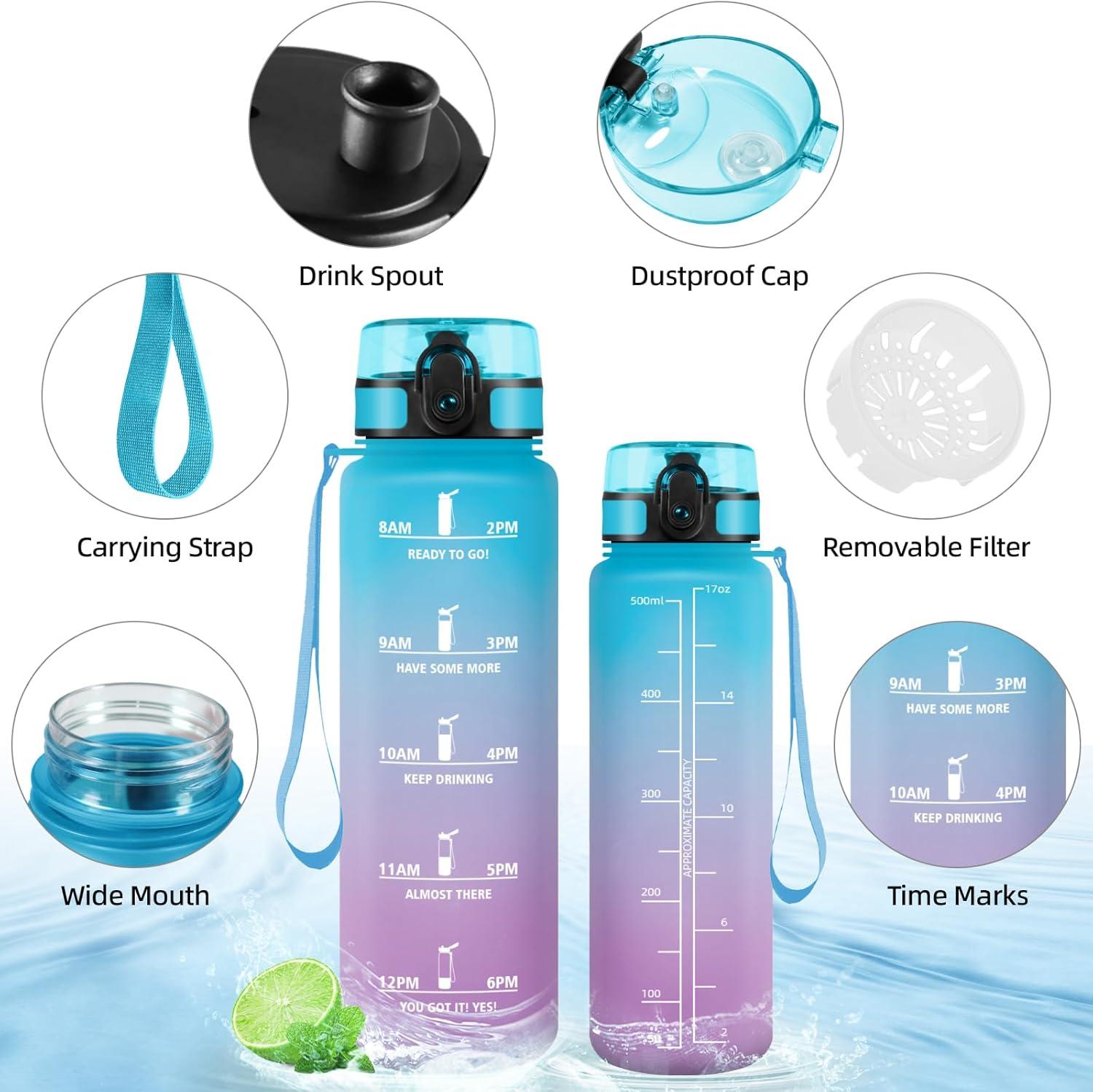 image:imageHoneyHolly Gourde 50010001500ml Gourde Sport Gourde Filtre et Marqueur de Temps Gourde deau Sans BPA Bouteille deau pour Sport Fitness Yoga Lcole BureauBleu Violet05l