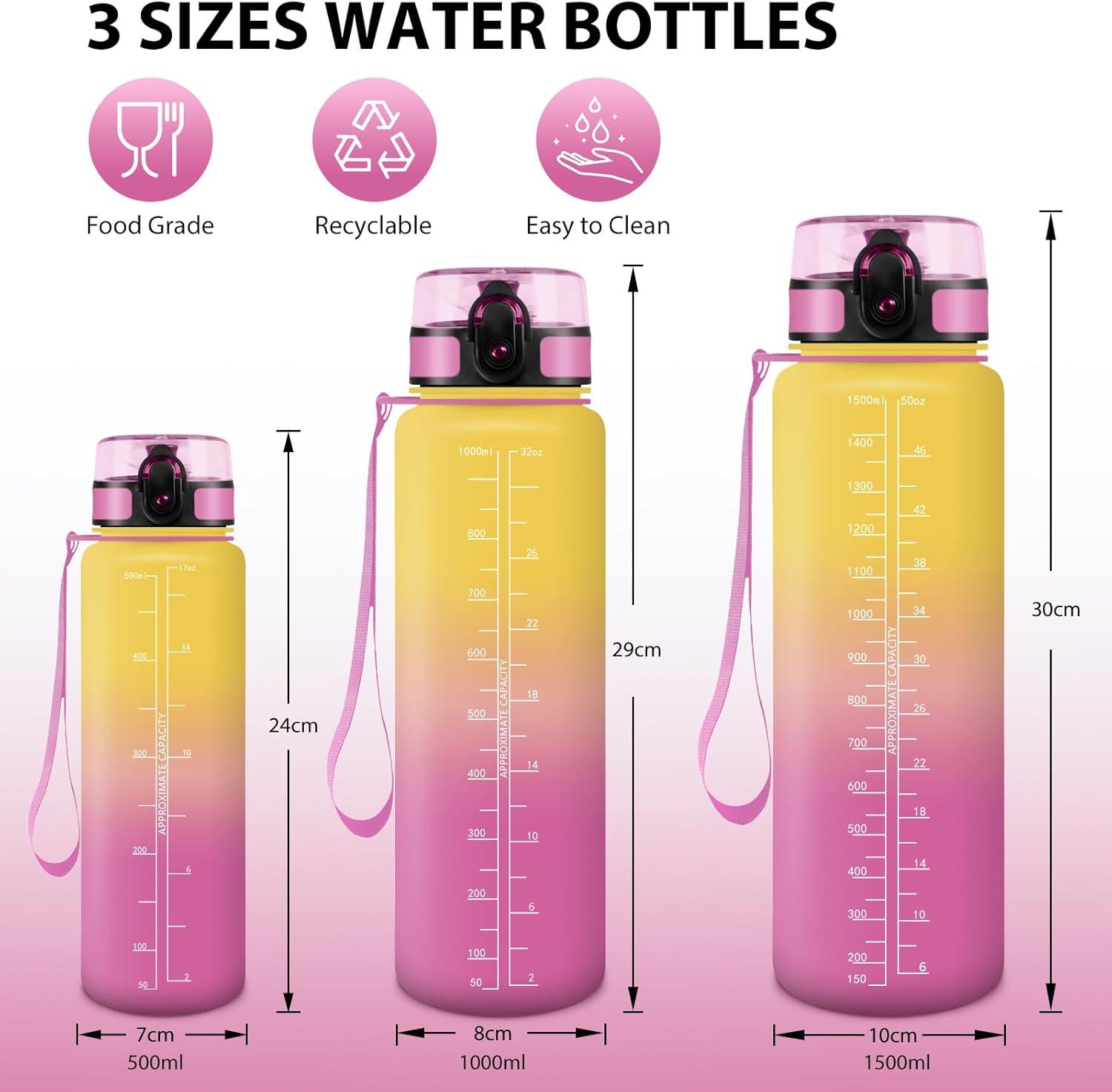 image:imageHoneyHolly Gourde 50010001500ml Gourde Sport Gourde Filtre et Marqueur de Temps Gourde deau Sans BPA Bouteille deau pour Sport Fitness Yoga Lcole BureauJaune Rose1l