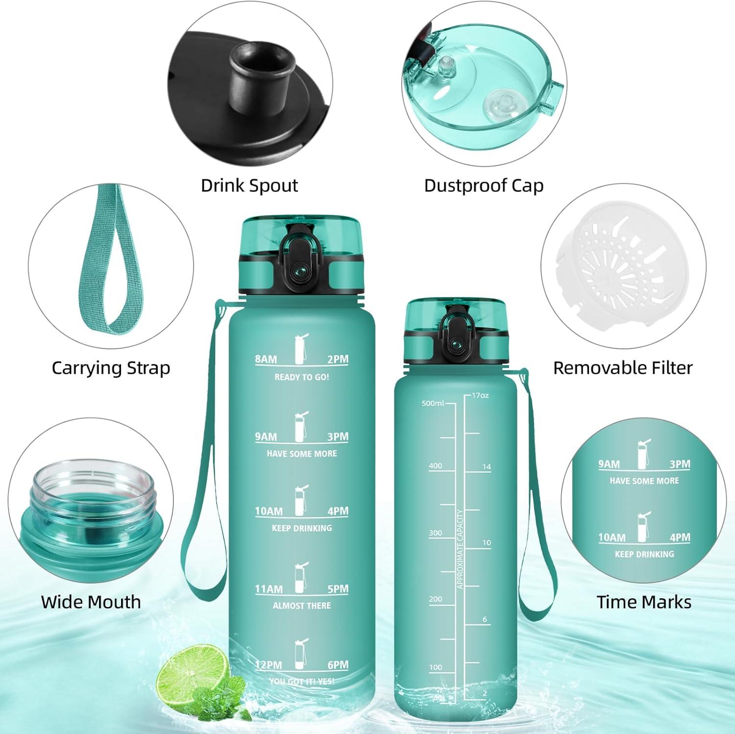 image:imageHoneyHolly Gourde 50010001500ml Gourde Sport Gourde Filtre et Marqueur de Temps Gourde deau Sans BPA Bouteille deau pour Sport Fitness Yoga Lcole BureauBleu Vert05l